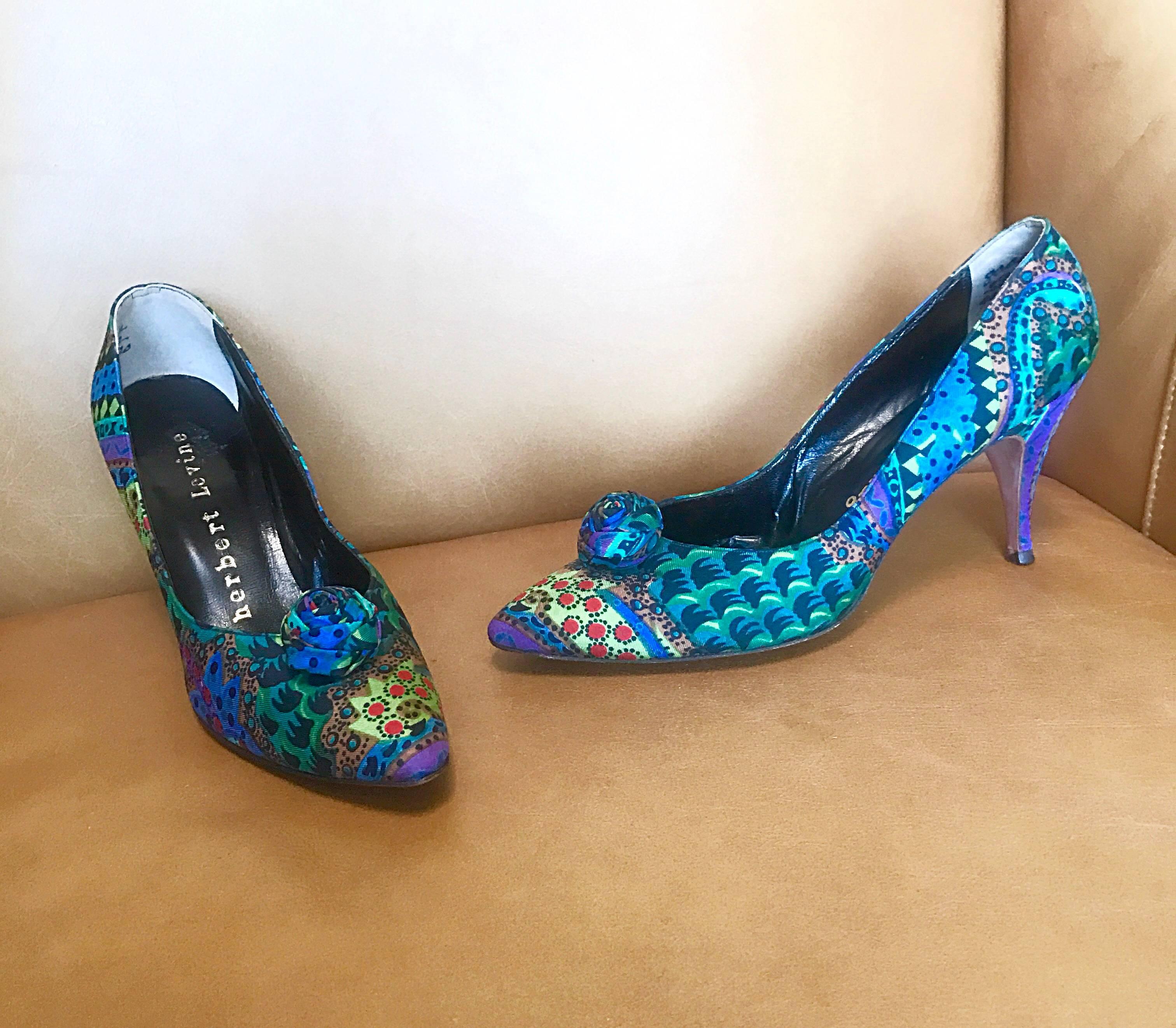 Rare HERBERT LEVINE 1950s Never Worn Size 6.5 / 7 Colorful Silk High Heels Shoes 4