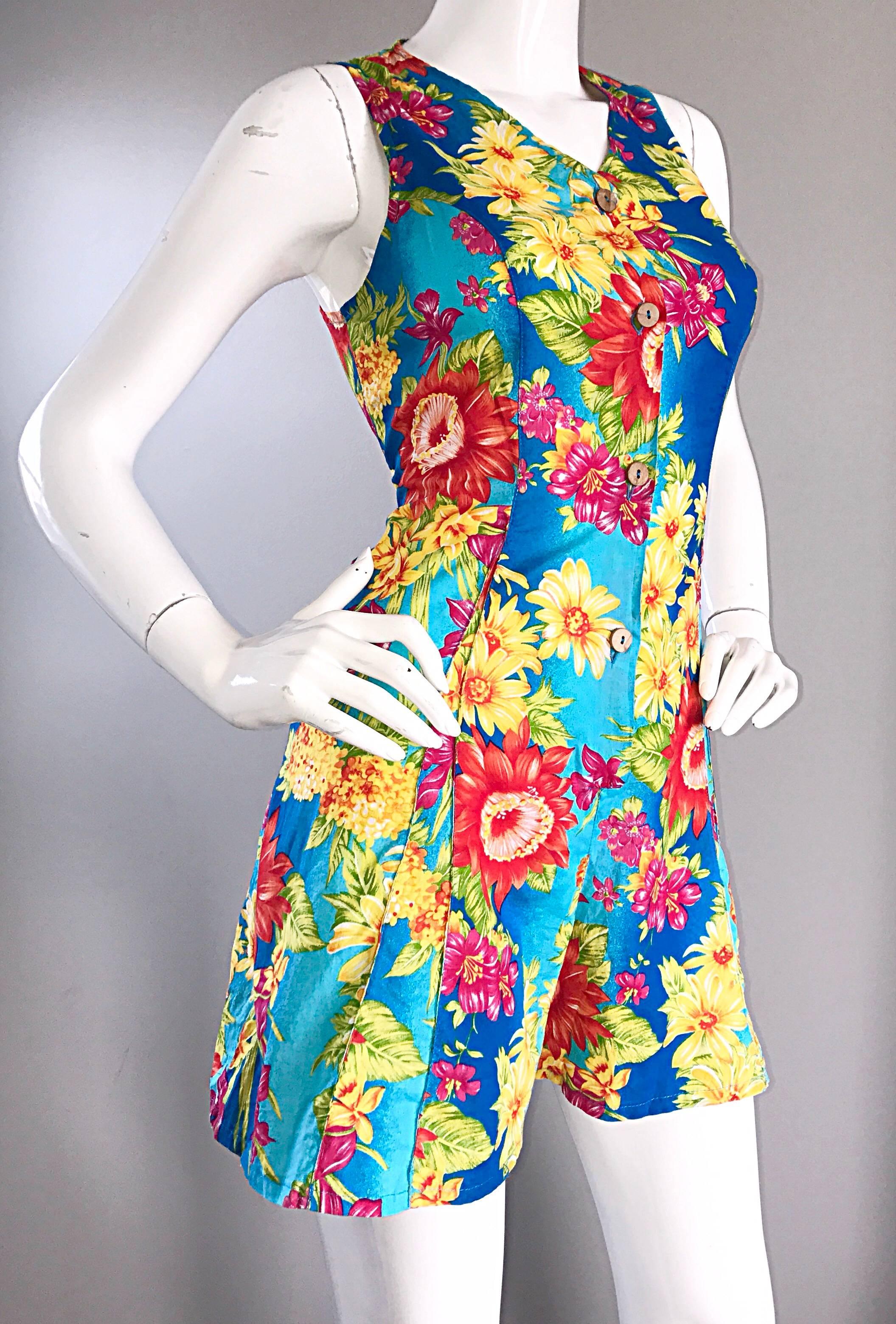 1990s Italian Flower Hawaiian Tropical One Piece Vintage 90s Colorful Romper  For Sale 1