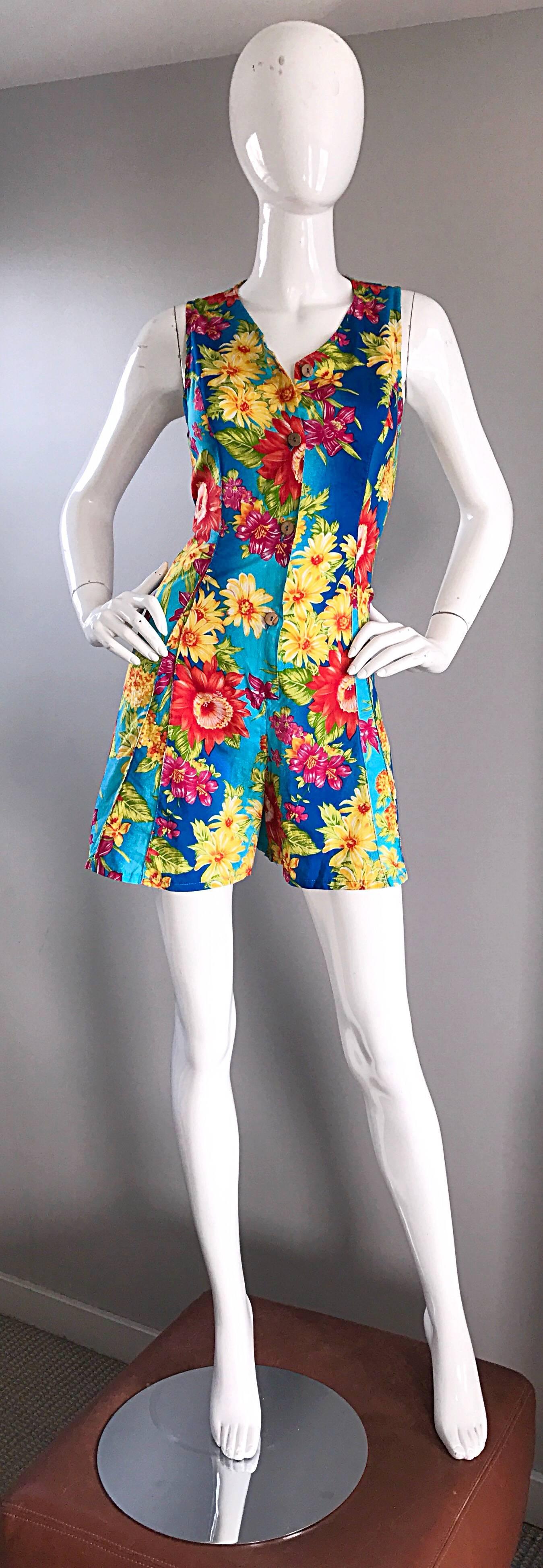 1990s Italian Flower Hawaiian Tropical One Piece Vintage 90s Colorful Romper  For Sale 3