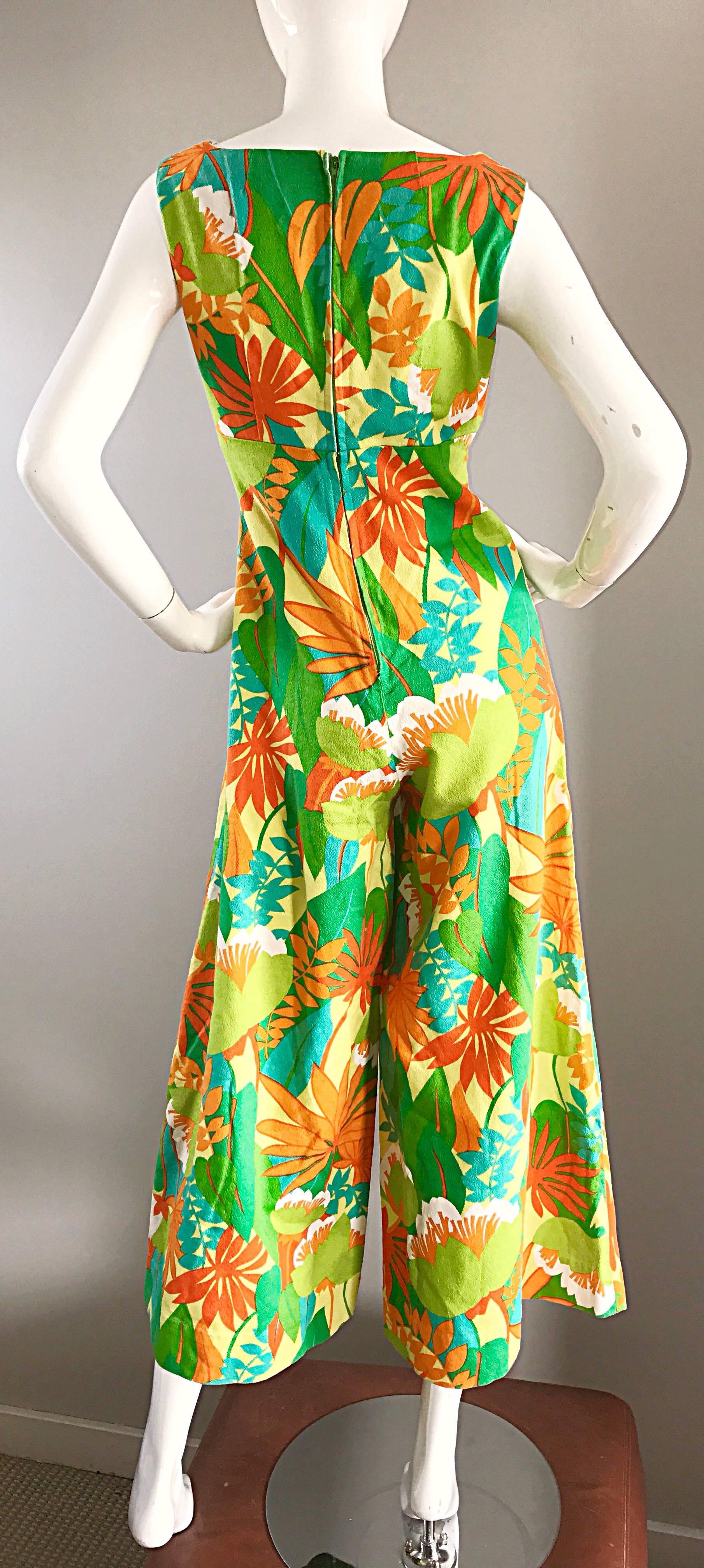 Beige Amazing Vintage 1970s Tropical Hawaiian Print Neon Cotton 70s Jumpsuit 