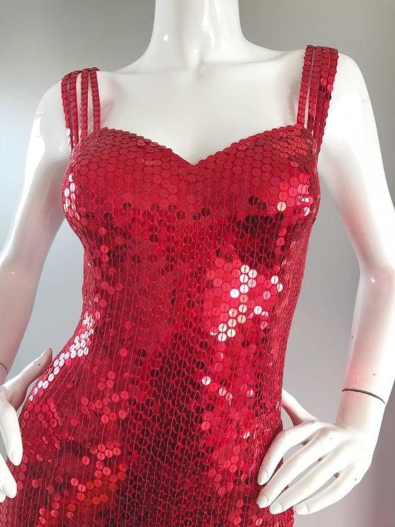 Della Roufogali Vintage Sexy 1990s Red Sequin Dress Jessica Rabbit Evening Gown In Excellent Condition For Sale In San Diego, CA