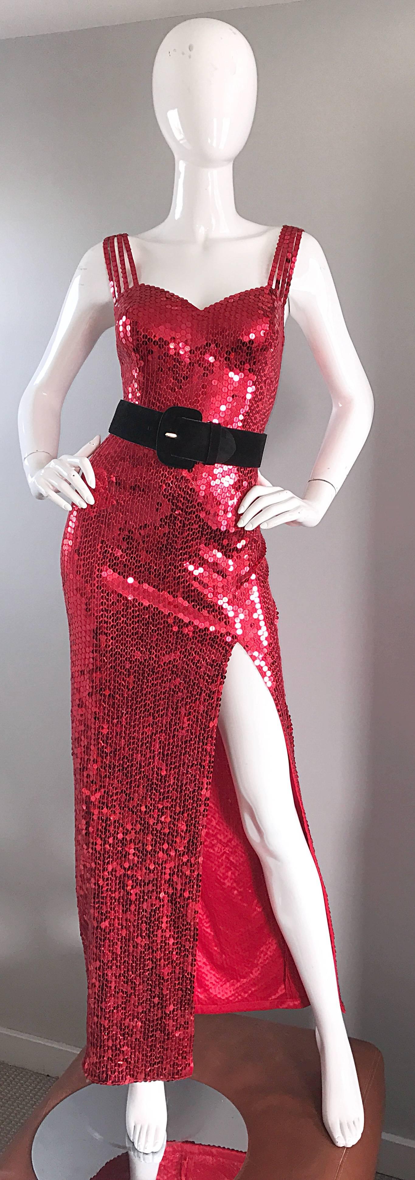 Della Roufogali Vintage Sexy 1990s Red Sequin Dress Jessica Rabbit Evening Gown 1