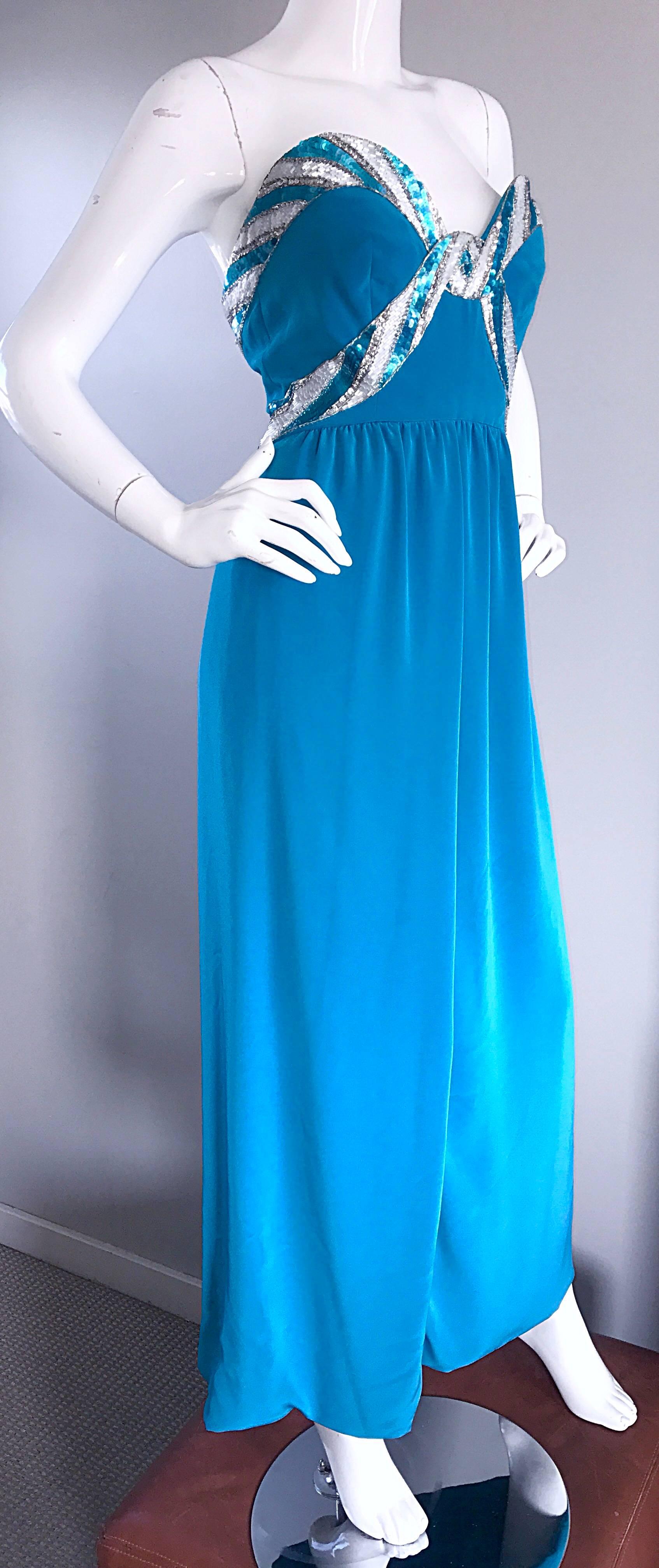 Women's Bob Mackie Vintage Turquoise Teal Blue Sequin Sz 4 Strapless Gown Evening Dress For Sale