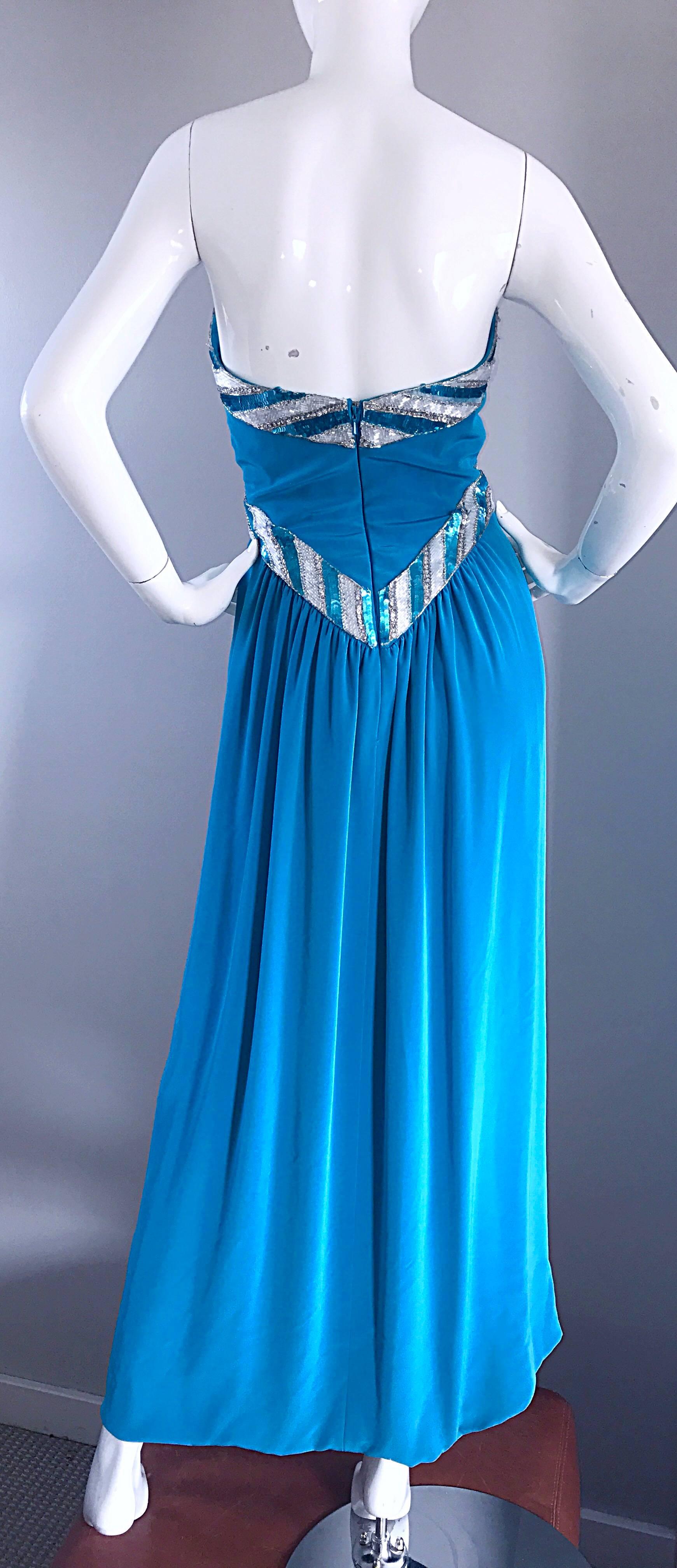 Bob Mackie Vintage Turquoise Teal Blue Sequin Sz 4 Strapless Gown Evening Dress For Sale 1