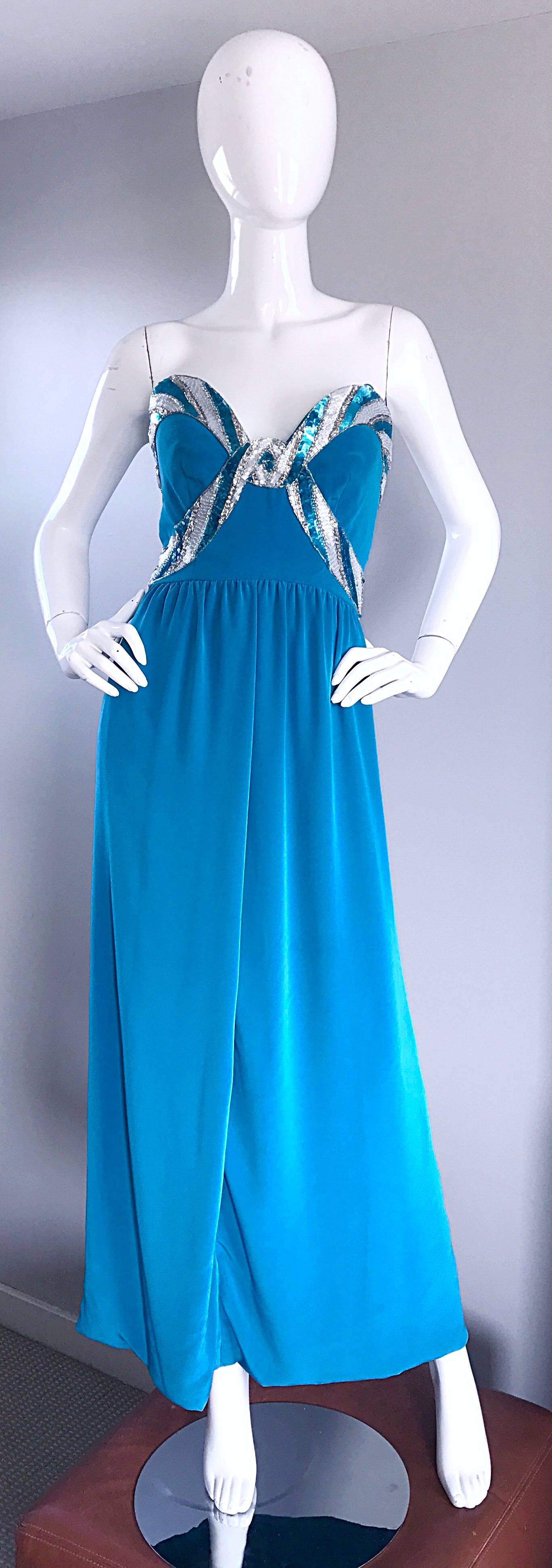 Bob Mackie Vintage Turquoise Teal Blue Sequin Sz 4 Strapless Gown Evening Dress For Sale 2
