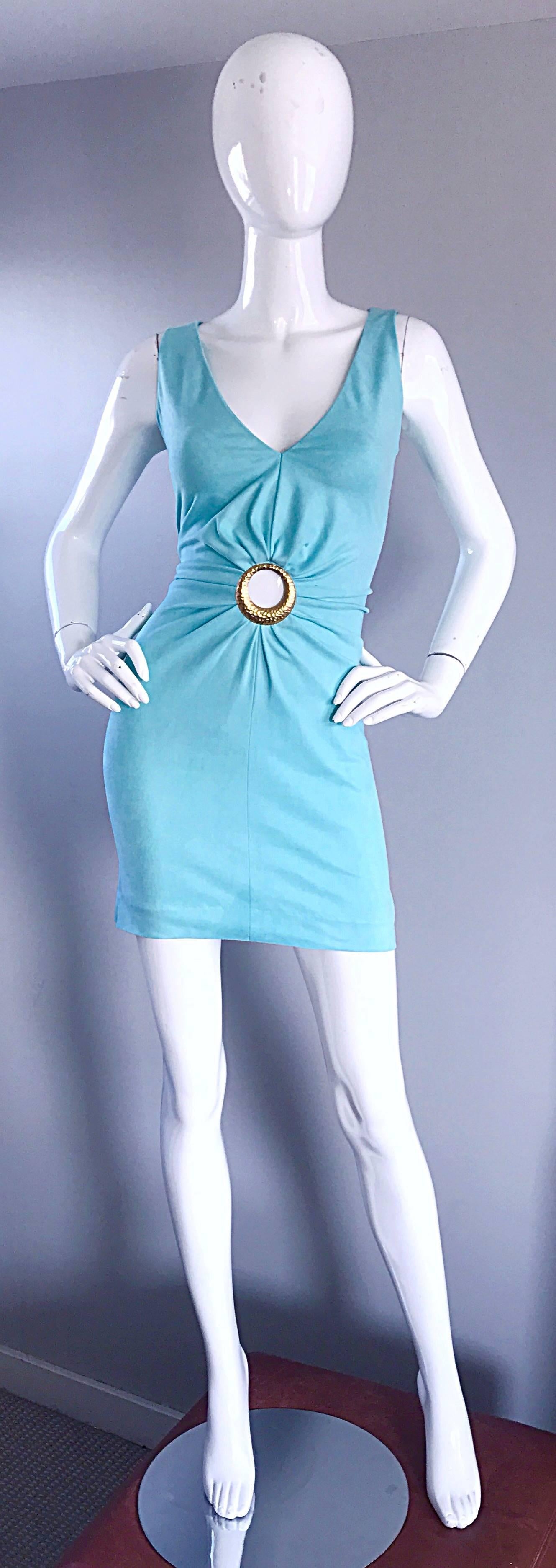 Rare 90s IKITO robins egg blue / light turquoise sexy mini dress! Soft rayon blend hugs the body in all the right place, and stretches to fit. Hammered gold cut-out rin above the bust. Stretches to fit an array of sizes. Hidden zipper up the back