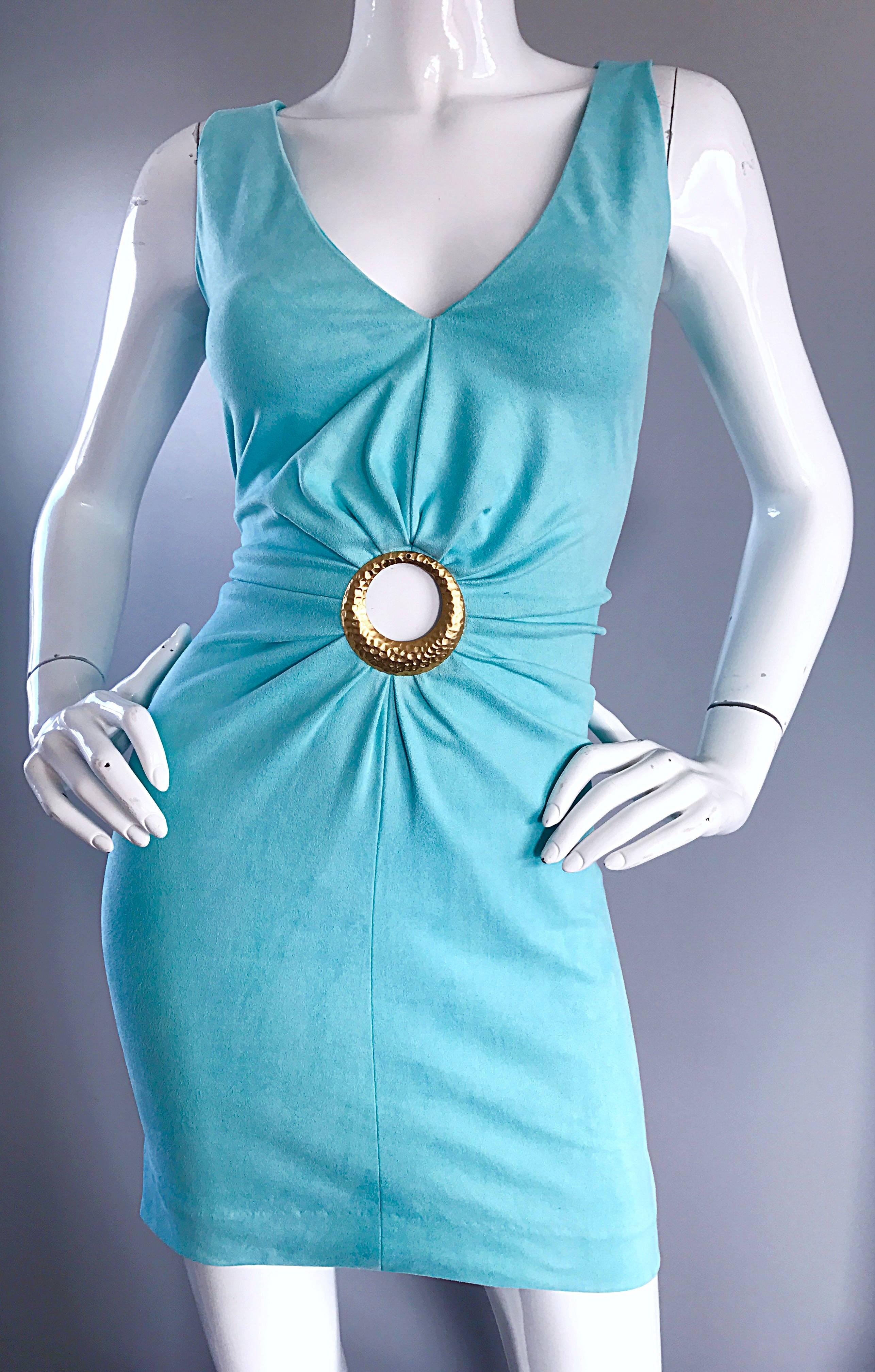 1990s Ikito French Made Robins Egg Blue Acqua Sexy Cut - Out Vintage Mini Dress In Excellent Condition In San Diego, CA
