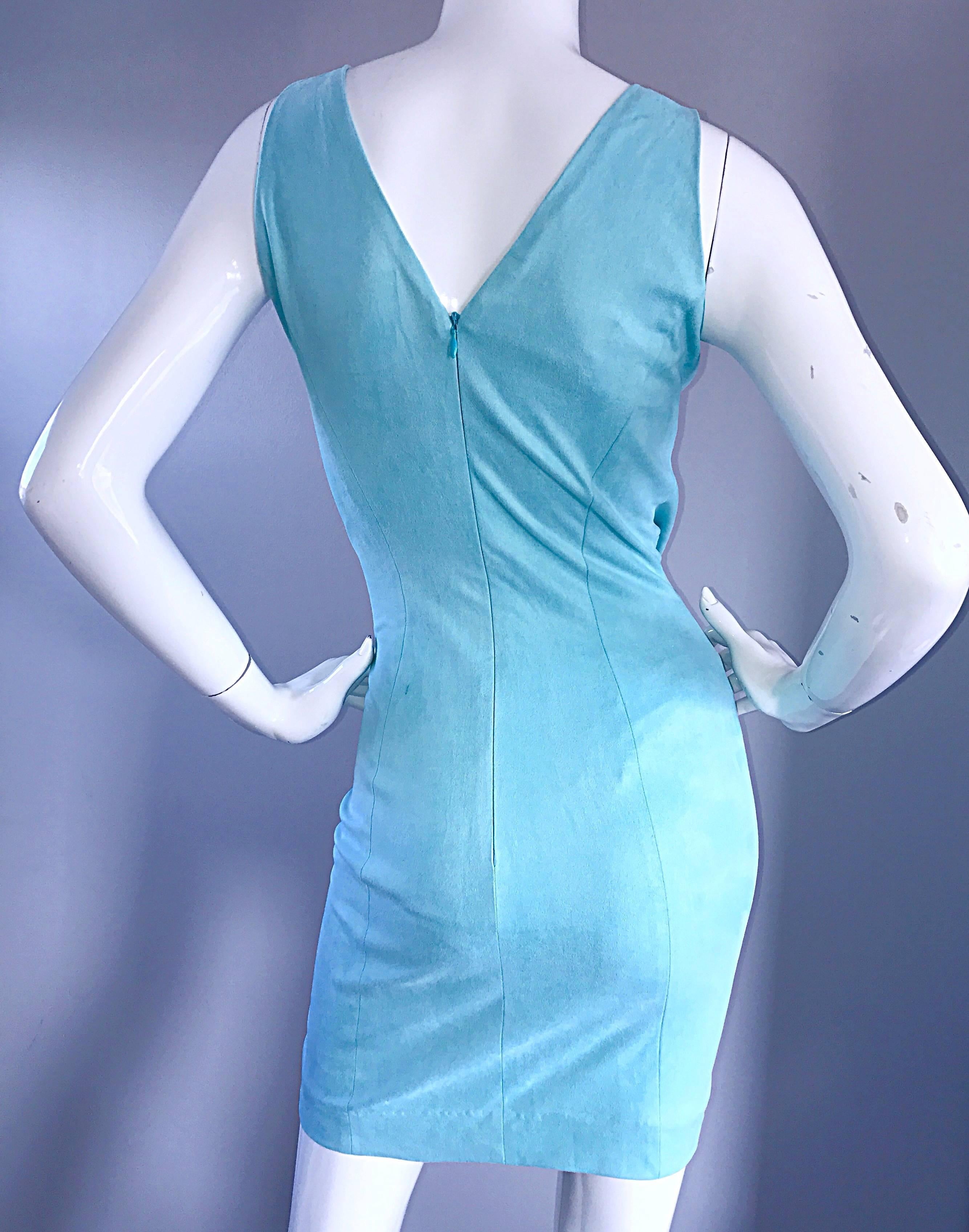 Women's 1990s Ikito French Made Robins Egg Blue Acqua Sexy Cut - Out Vintage Mini Dress