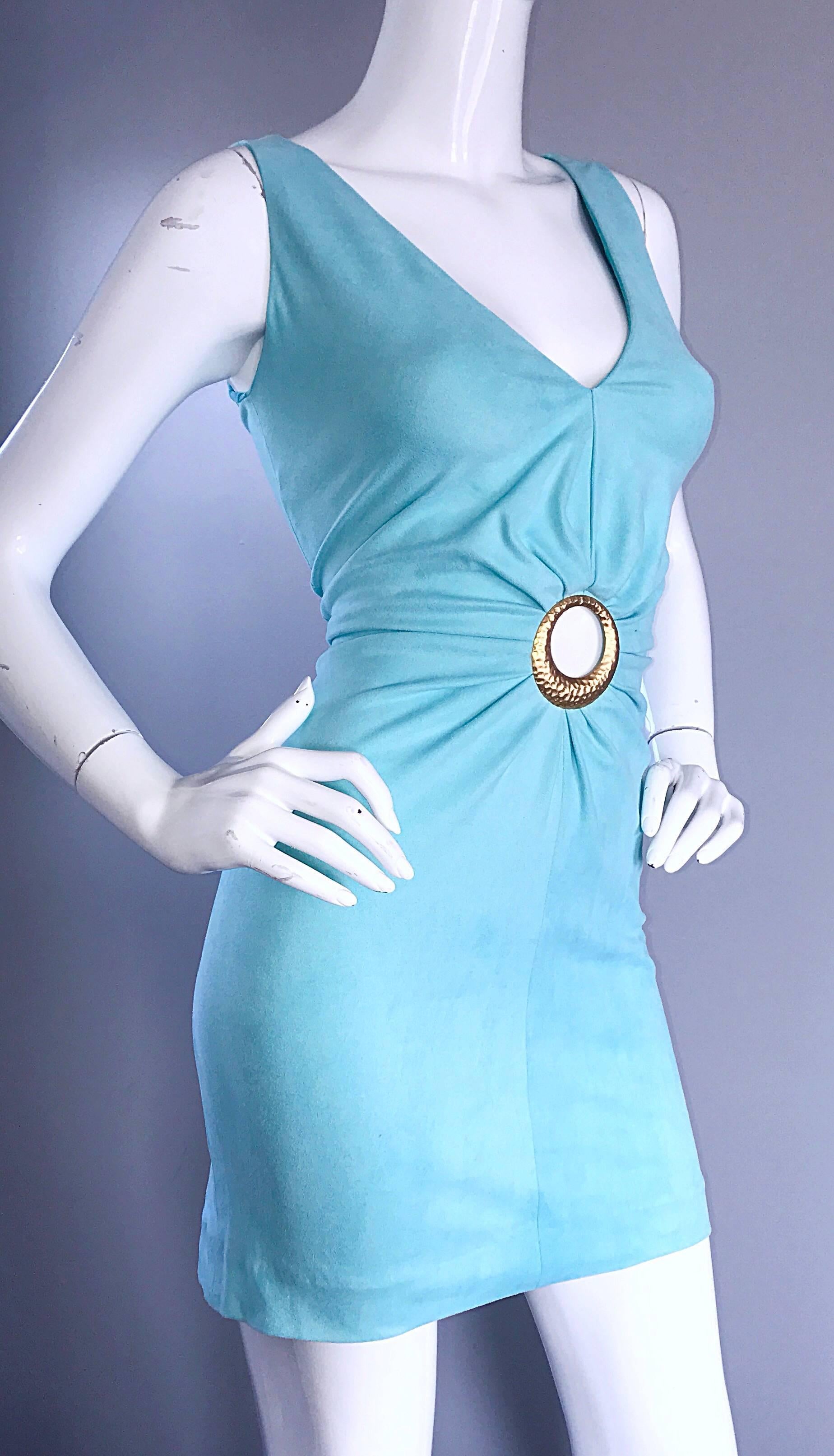 1990s Ikito French Made Robins Egg Blue Acqua Sexy Cut - Out Vintage Mini Dress For Sale 1