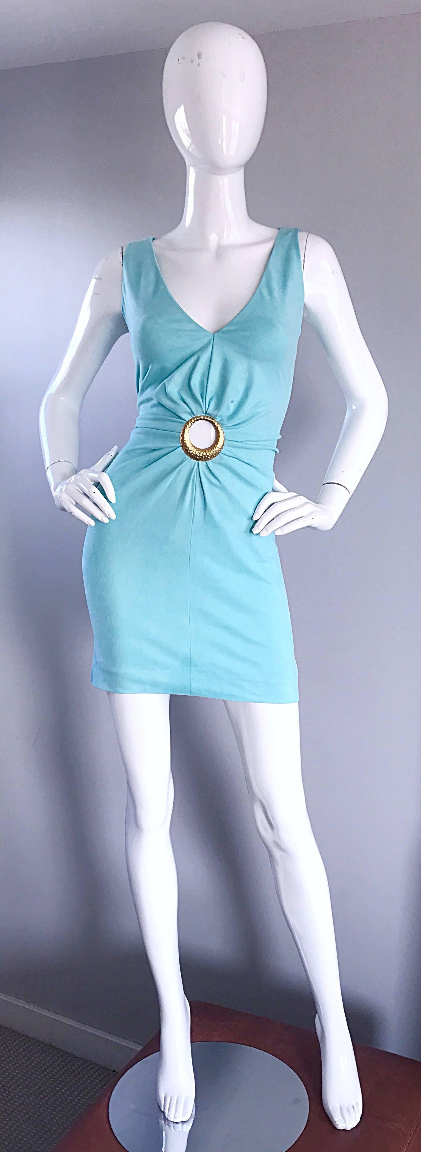 1990s Ikito French Made Robins Egg Blue Acqua Sexy Cut - Out Vintage Mini Dress 2