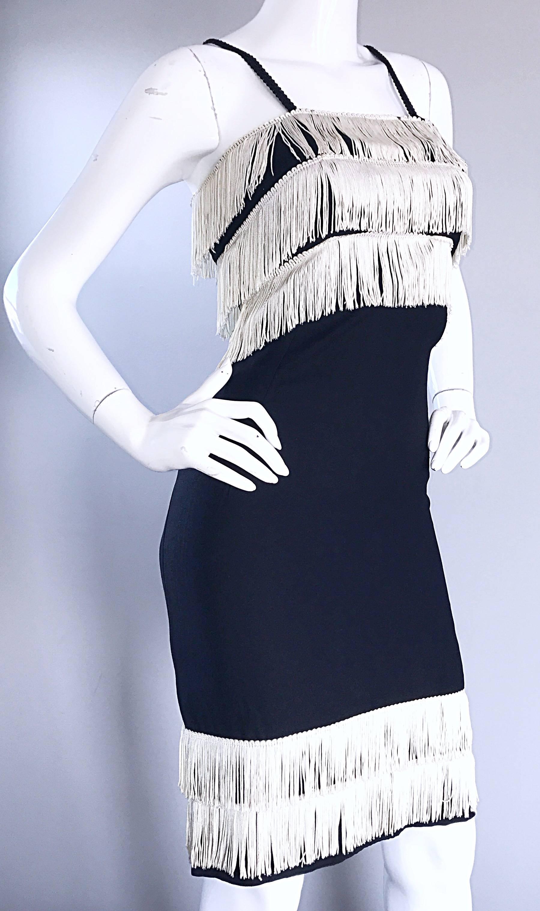 Women's 1950s Black and White Crepe and Silk Fringe 50s Vintage Wiggle Flapper Dress For Sale
