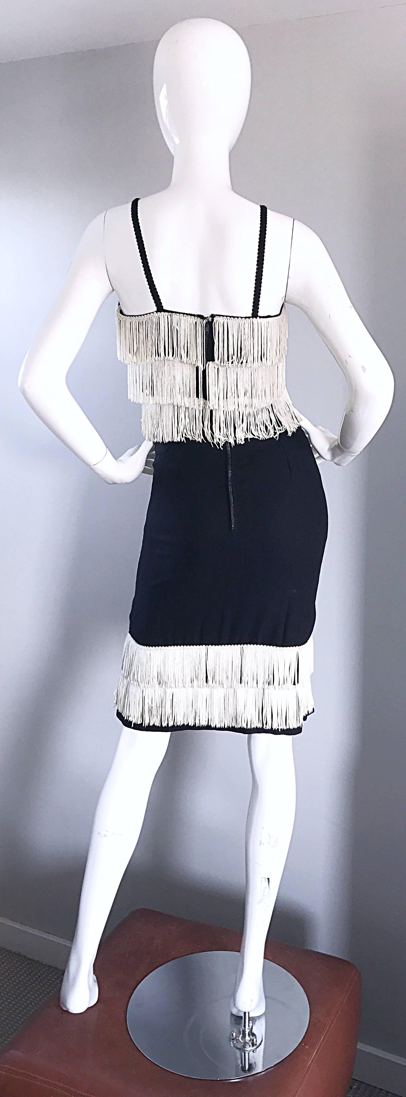 1950s Black and White Crepe and Silk Fringe 50s Vintage Wiggle Flapper Dress For Sale 1