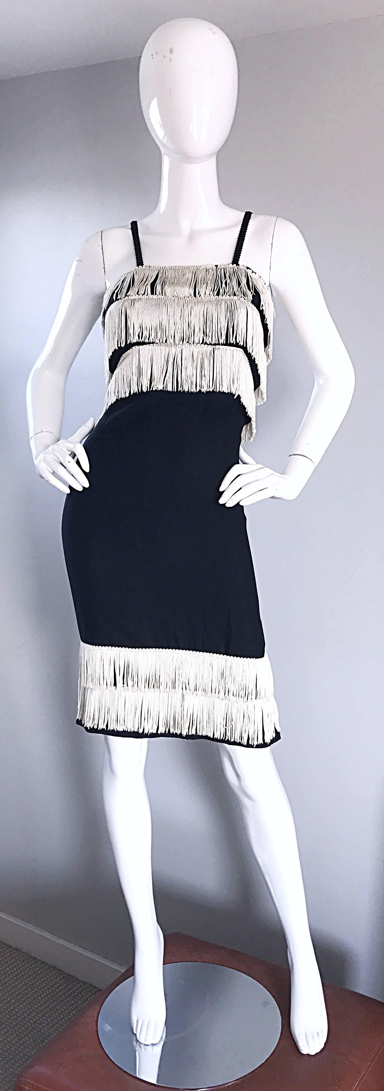 1950s Black and White Crepe and Silk Fringe 50s Vintage Wiggle Flapper Dress For Sale 2