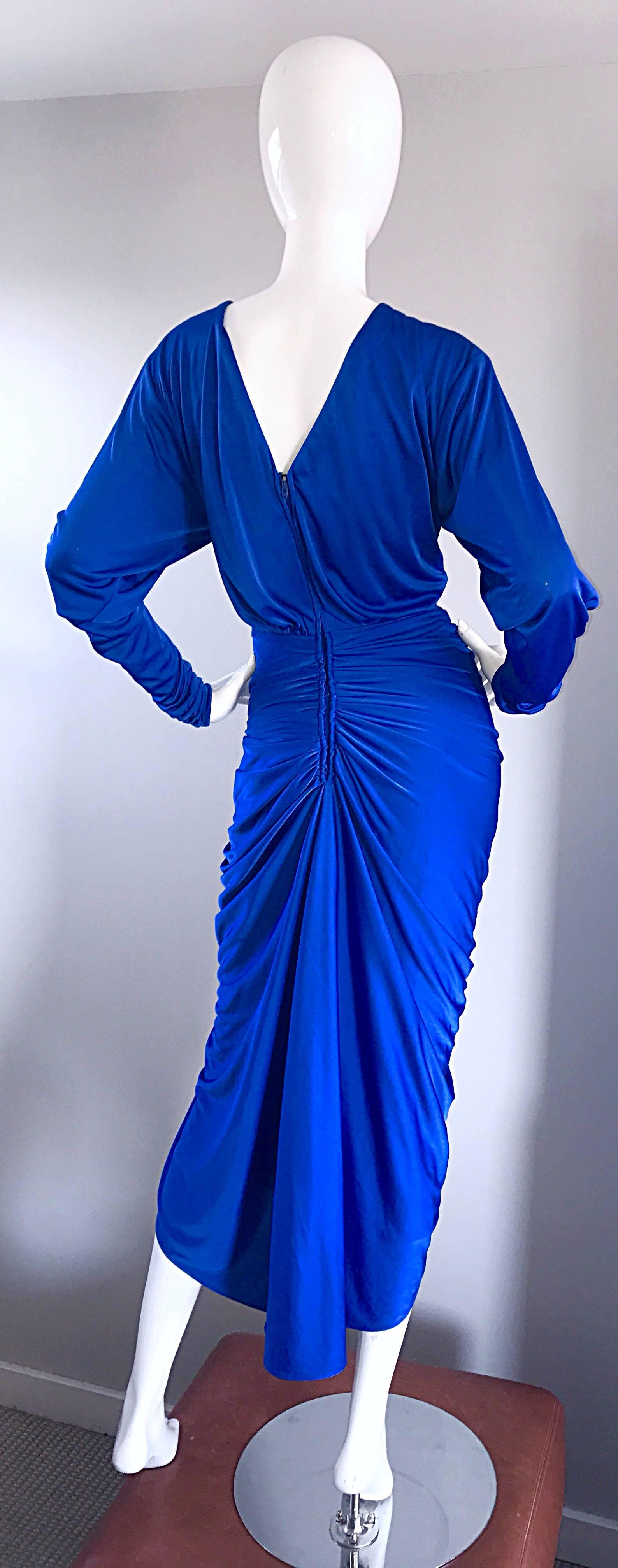 Women's 1970s Vintage Royal Blue Disco Rhinestone Jersey Long Sleeve 70s Slinky Dress