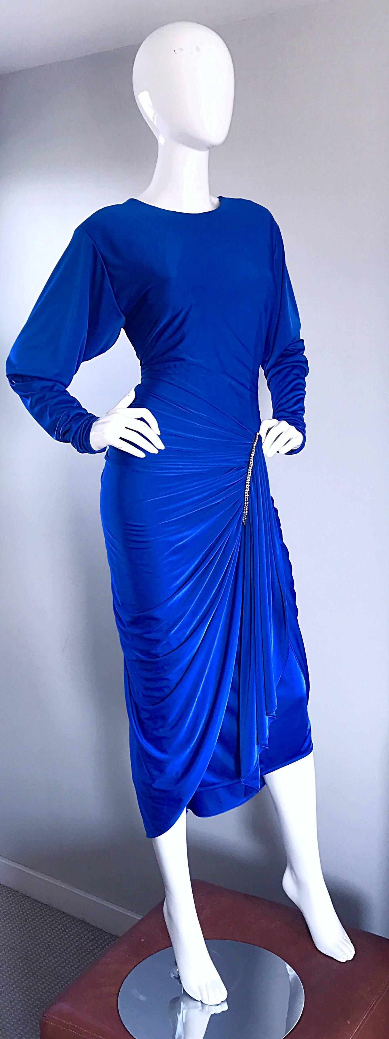 1970s Vintage Royal Blue Disco Rhinestone Jersey Long Sleeve 70s Slinky Dress 1