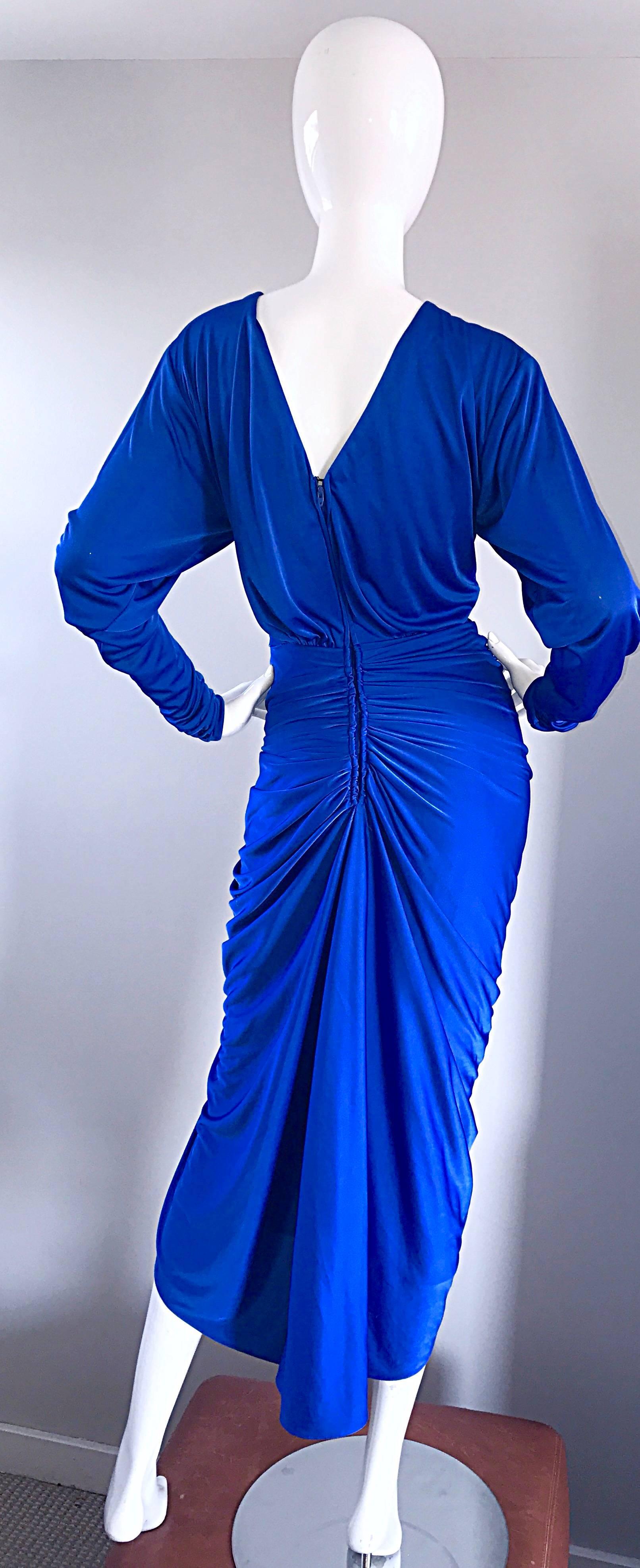 1970s Vintage Royal Blue Disco Rhinestone Jersey Long Sleeve 70s Slinky Dress 2