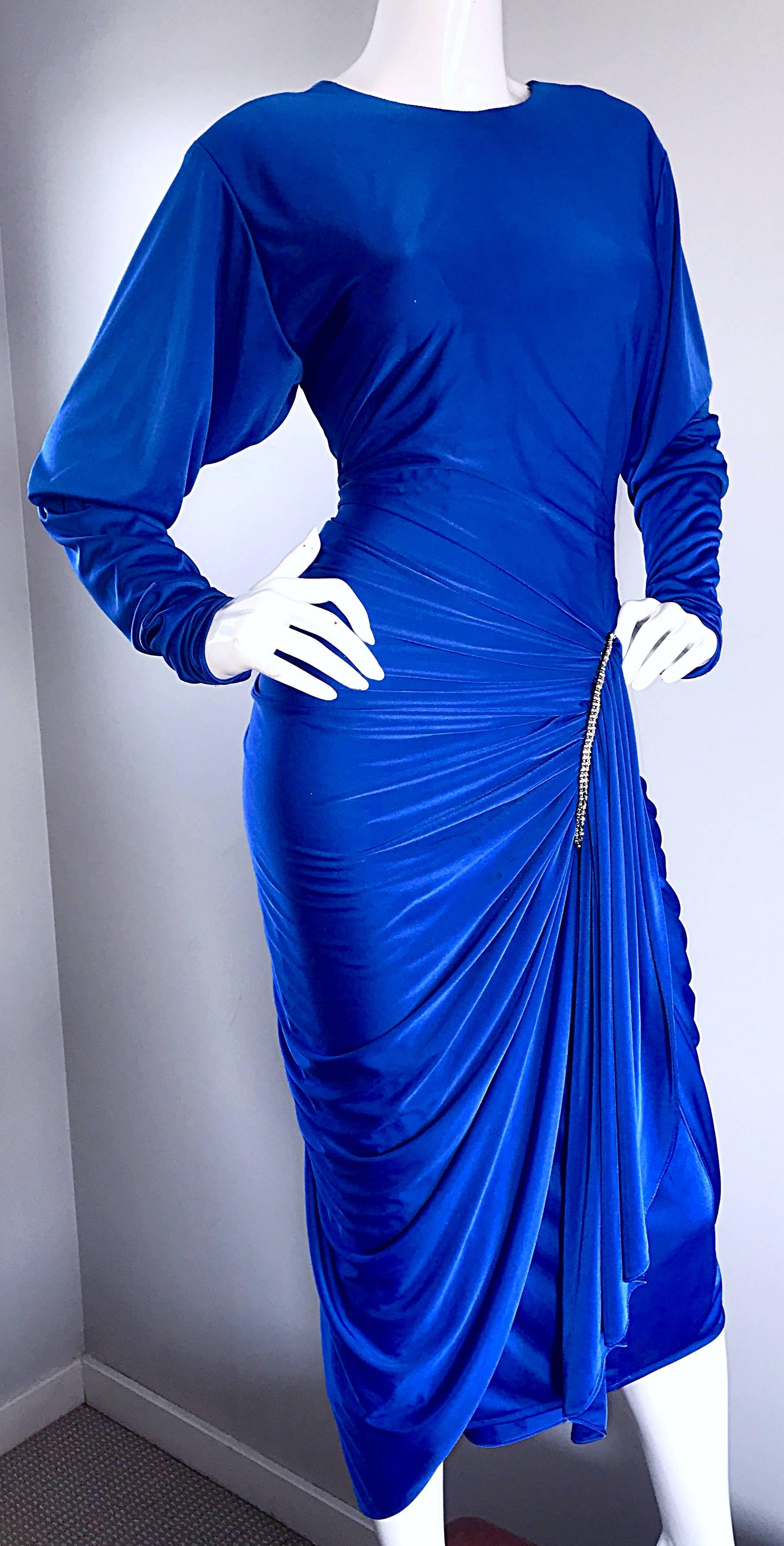 1970s Vintage Royal Blue Disco Rhinestone Jersey Long Sleeve 70s Slinky Dress 3