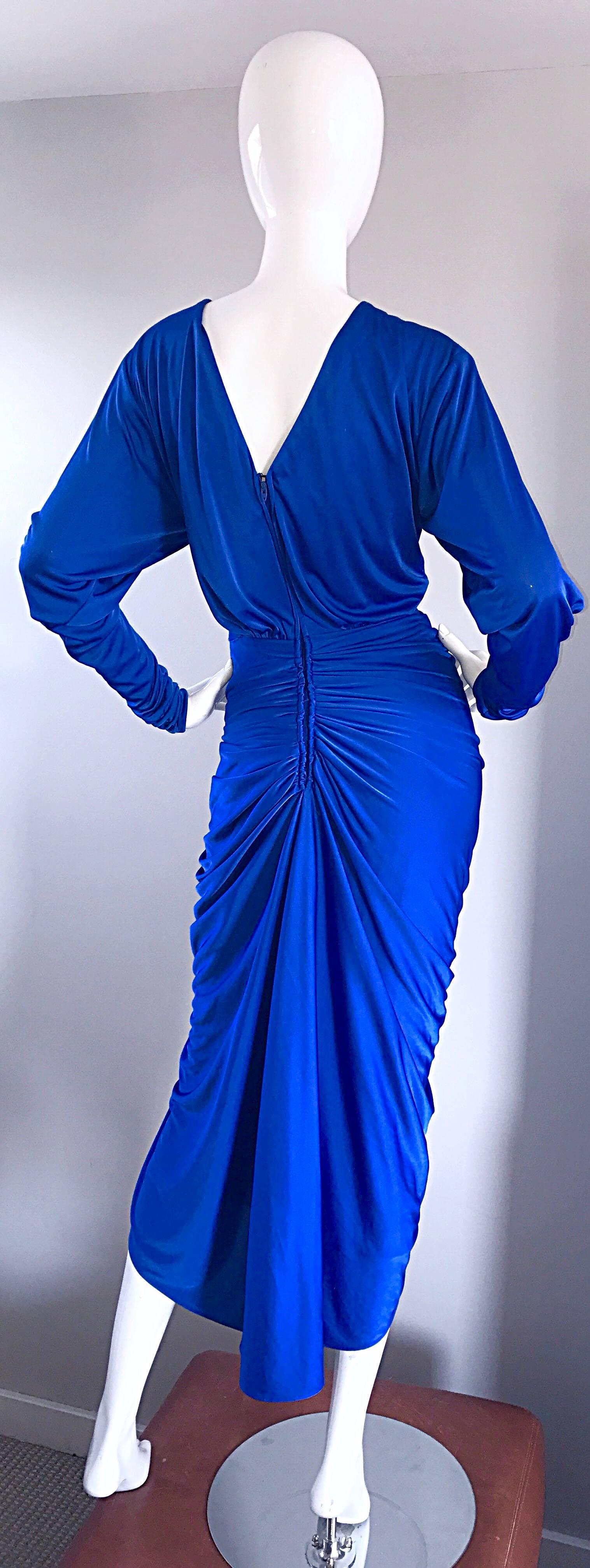 1970s Vintage Royal Blue Disco Rhinestone Jersey Long Sleeve 70s Slinky Dress 4