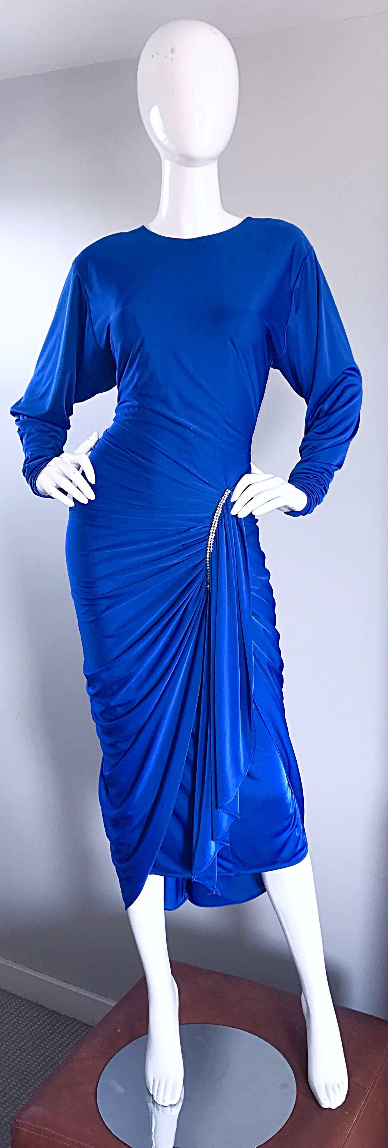 1970s Vintage Royal Blue Disco Rhinestone Jersey Long Sleeve 70s Slinky Dress 5