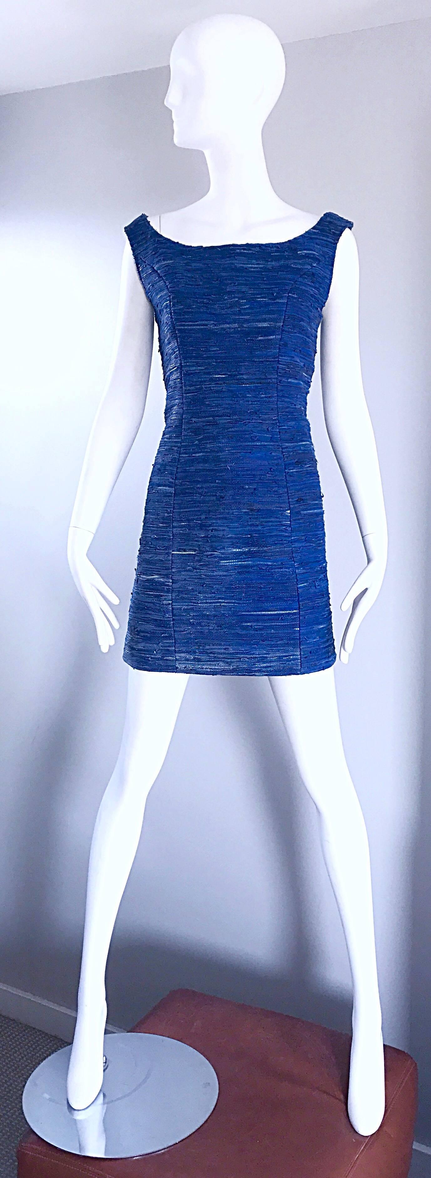 1990s Woven Leather Royal Blue Vinage Sexy Bodycon 90s Couture Mini Dress In Excellent Condition For Sale In San Diego, CA