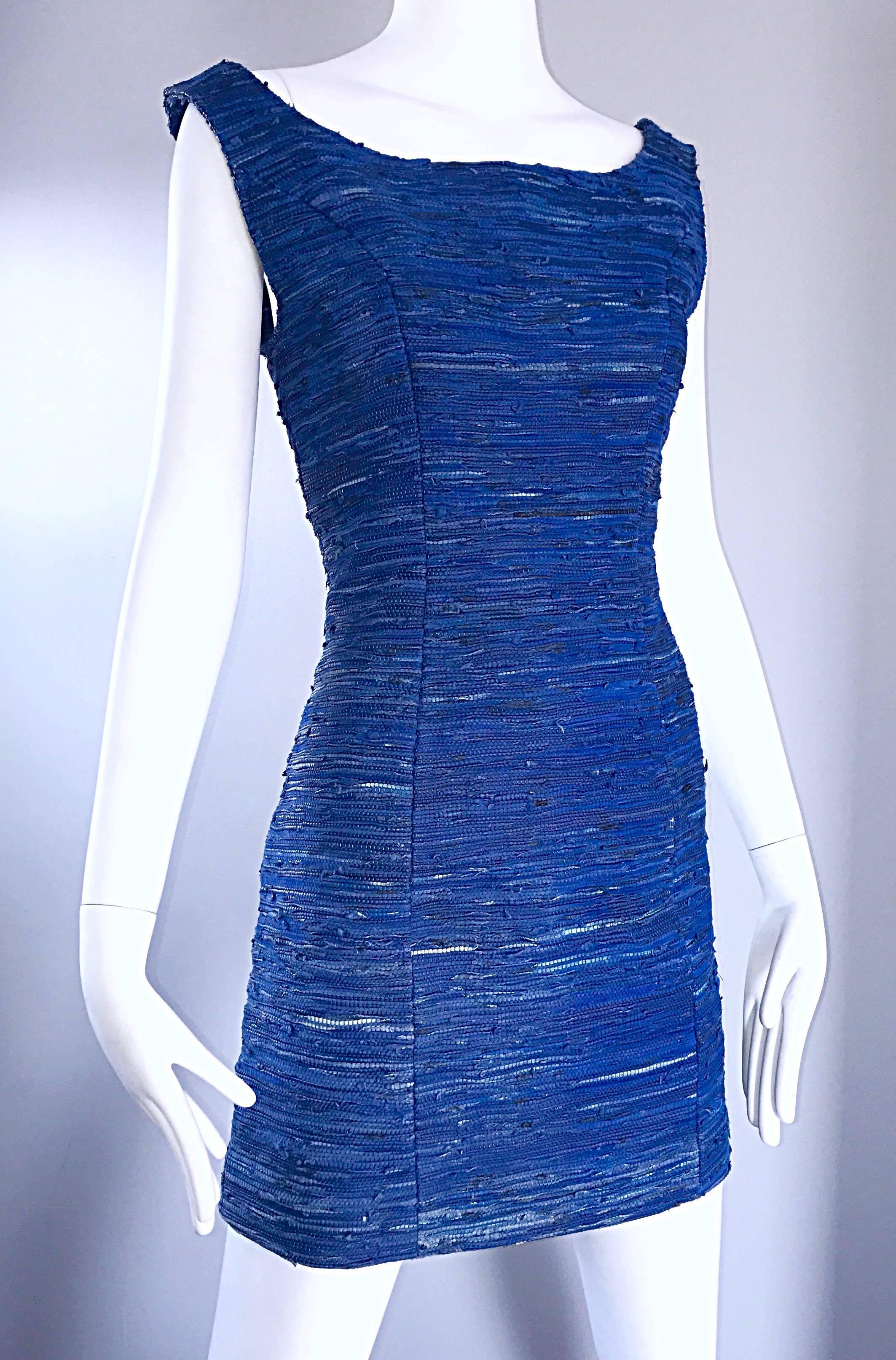 Women's 1990s Woven Leather Royal Blue Vinage Sexy Bodycon 90s Couture Mini Dress For Sale