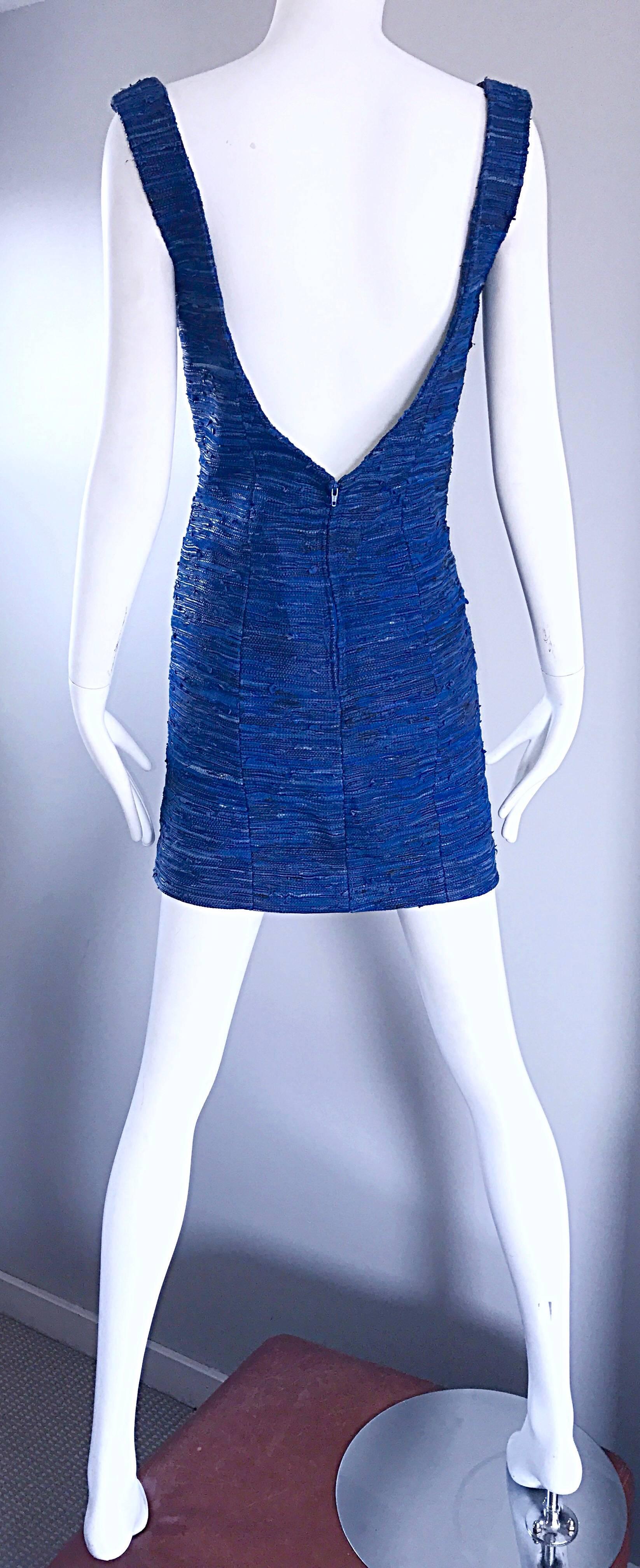 1990s Woven Leather Royal Blue Vinage Sexy Bodycon 90s Couture Mini Dress For Sale 2