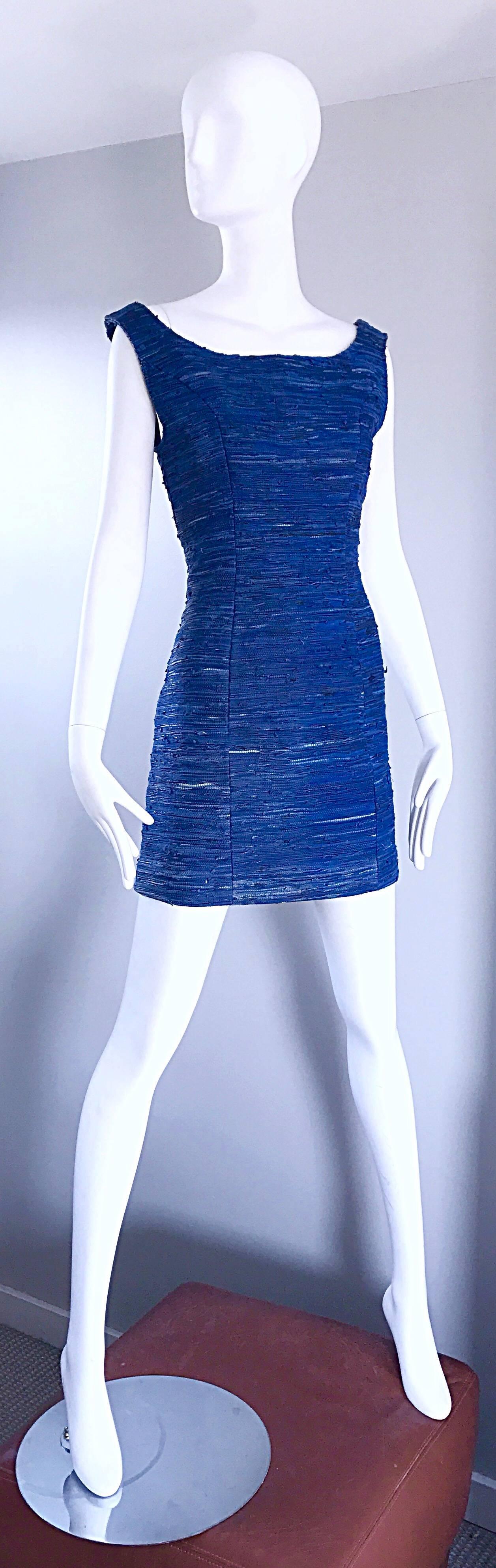 1990s Woven Leather Royal Blue Vinage Sexy Bodycon 90s Couture Mini Dress For Sale 4