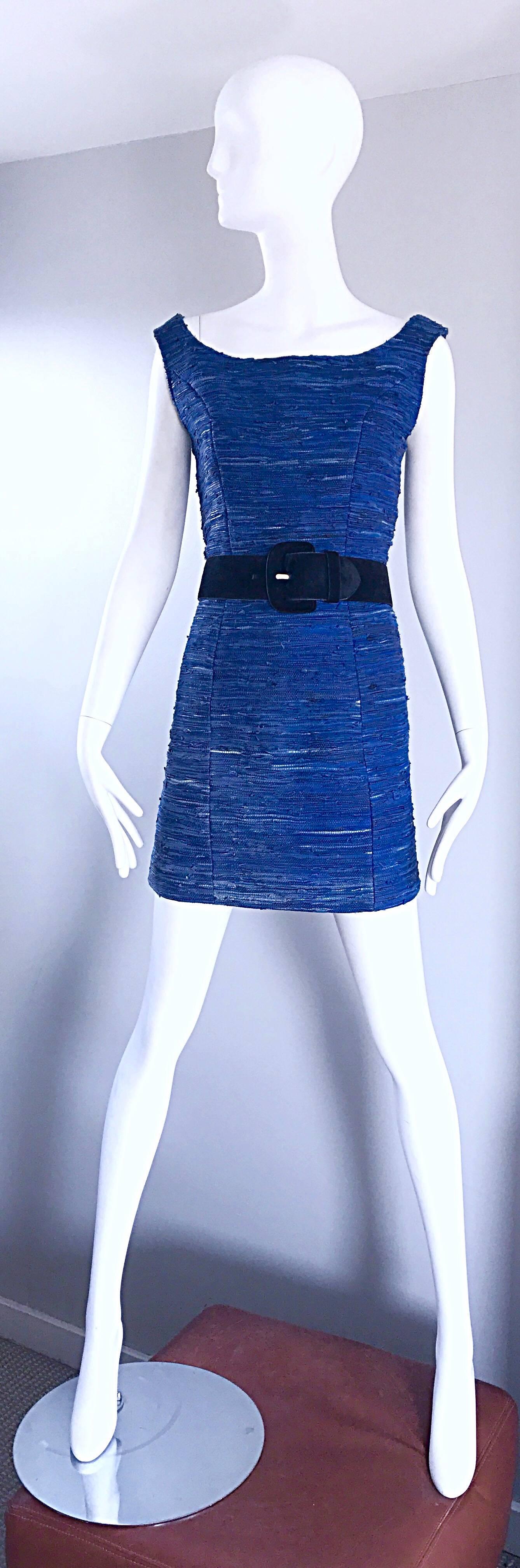 1990s Woven Leather Royal Blue Vinage Sexy Bodycon 90s Couture Mini Dress For Sale 3