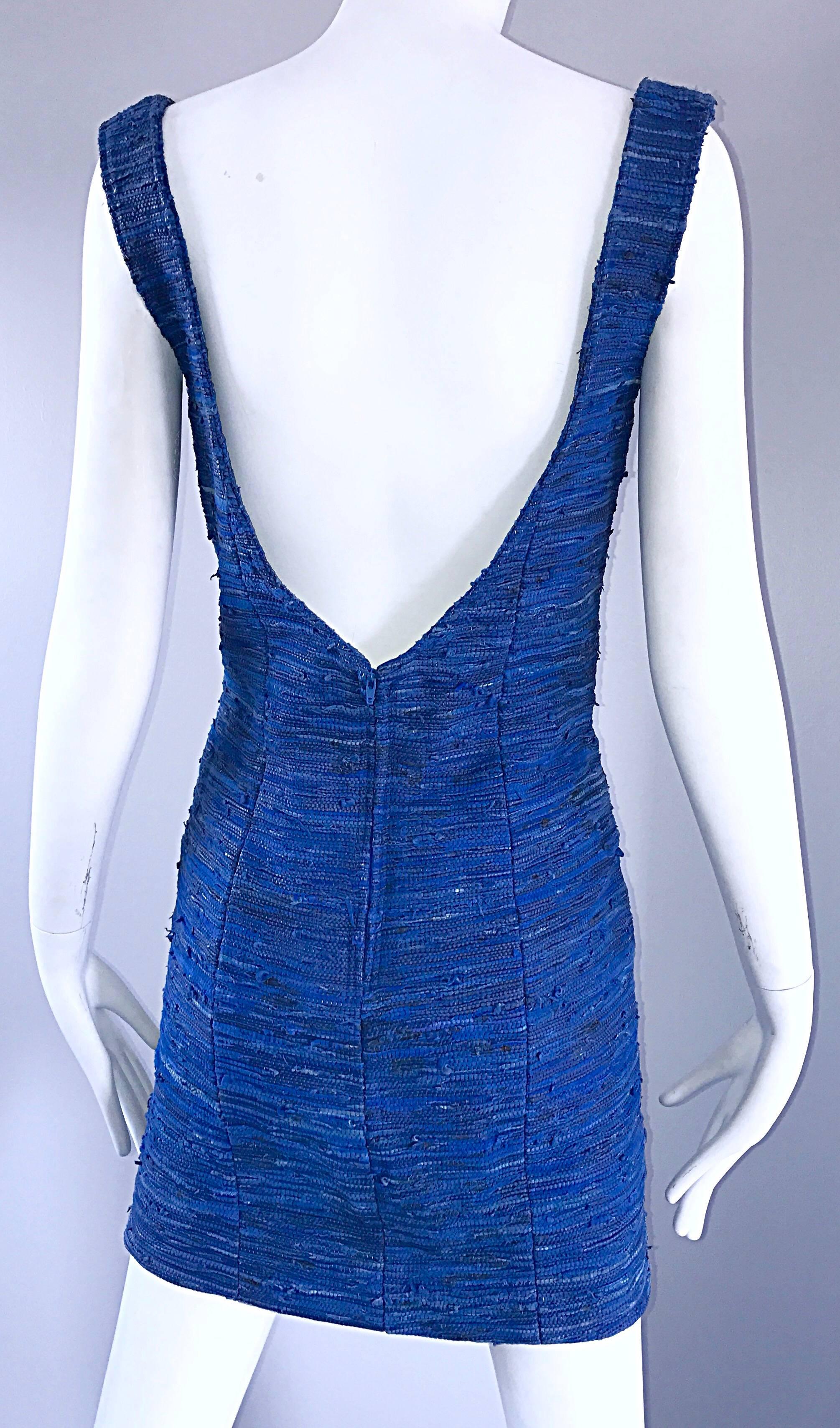1990s Woven Leather Royal Blue Vinage Sexy Bodycon 90s Couture Mini Dress For Sale 5