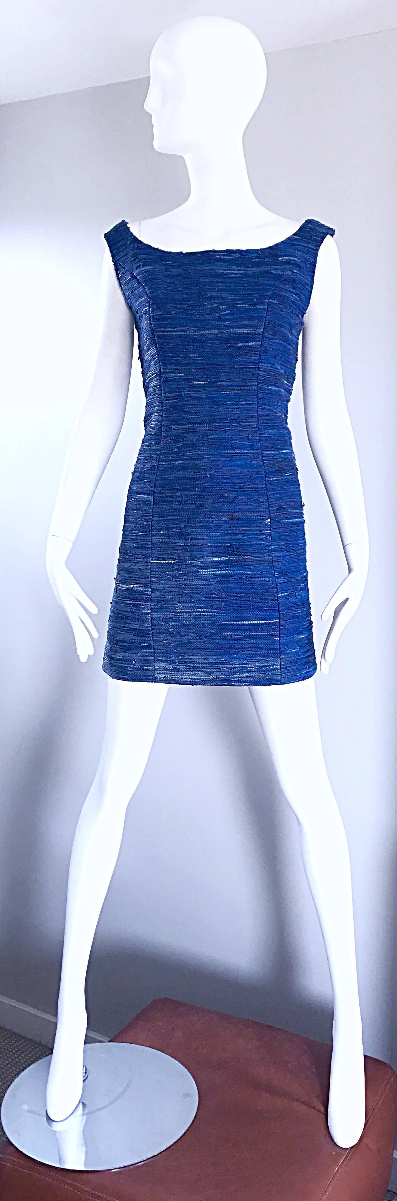 1990s Woven Leather Royal Blue Vinage Sexy Bodycon 90s Couture Mini Dress For Sale 6