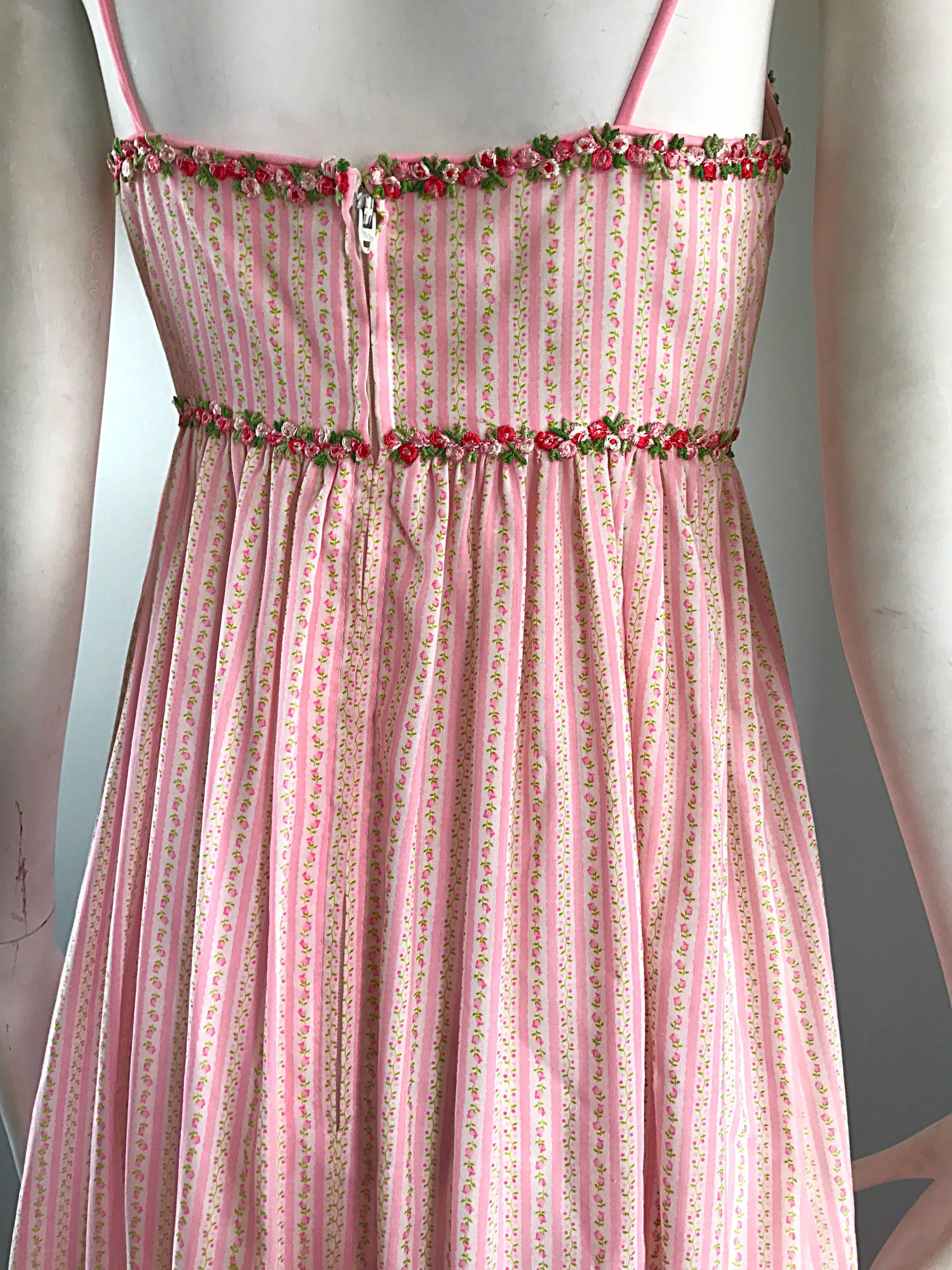 Beige 1970s Jay Morley for Fern Viollete Vintage Rose Print Pink + White Maxi Dress  For Sale