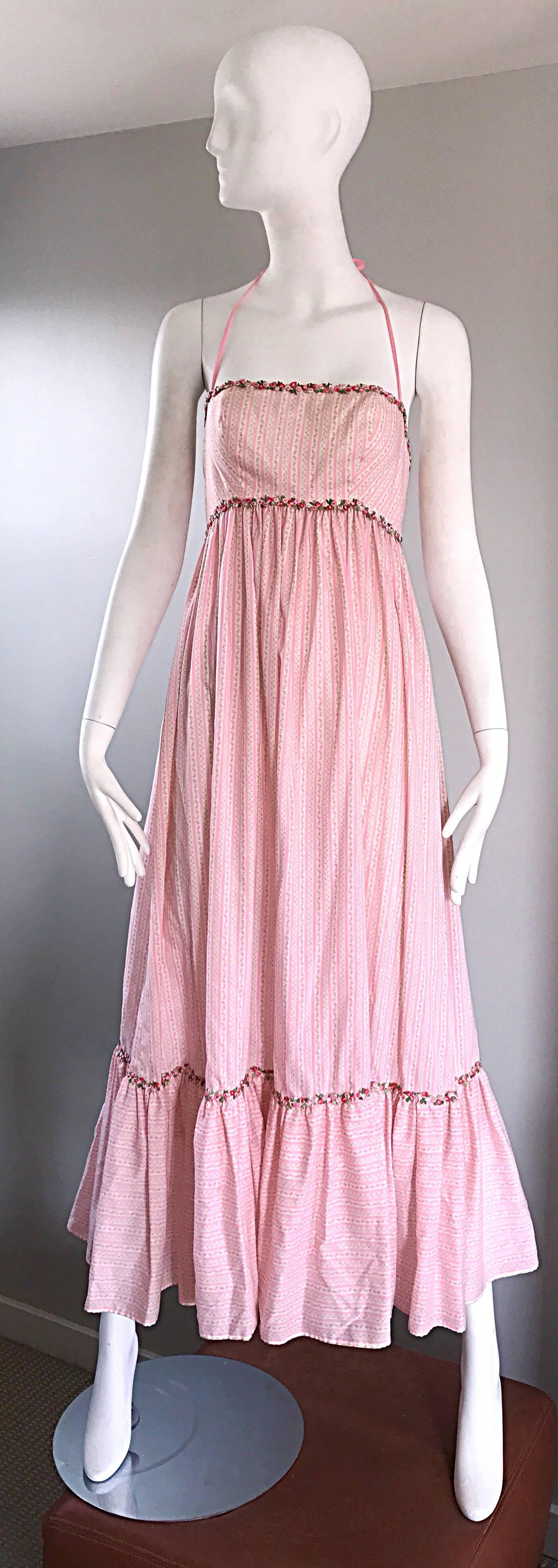 Women's 1970s Jay Morley for Fern Viollete Vintage Rose Print Pink + White Maxi Dress  For Sale