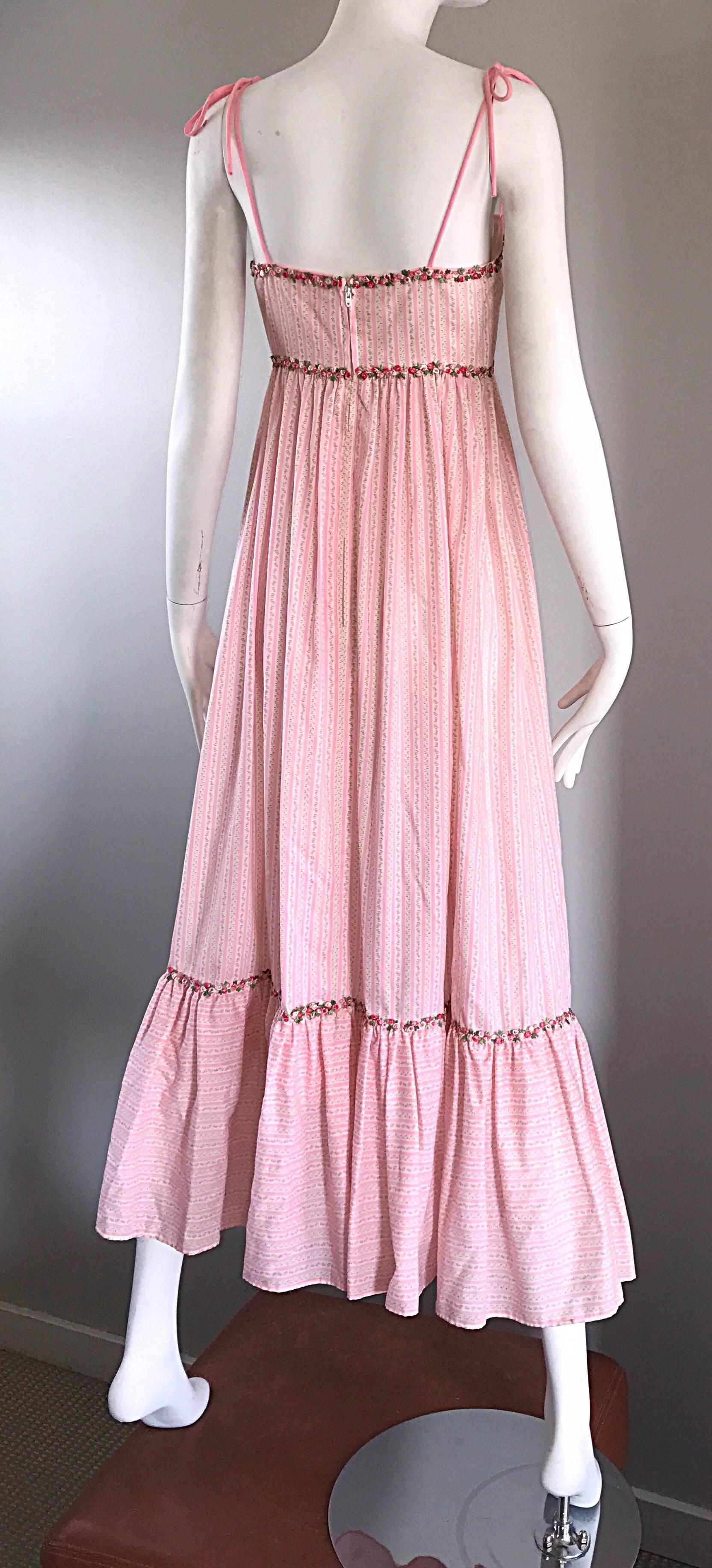 1970s Jay Morley for Fern Viollete Vintage Rose Print Pink + White Maxi Dress  For Sale 1