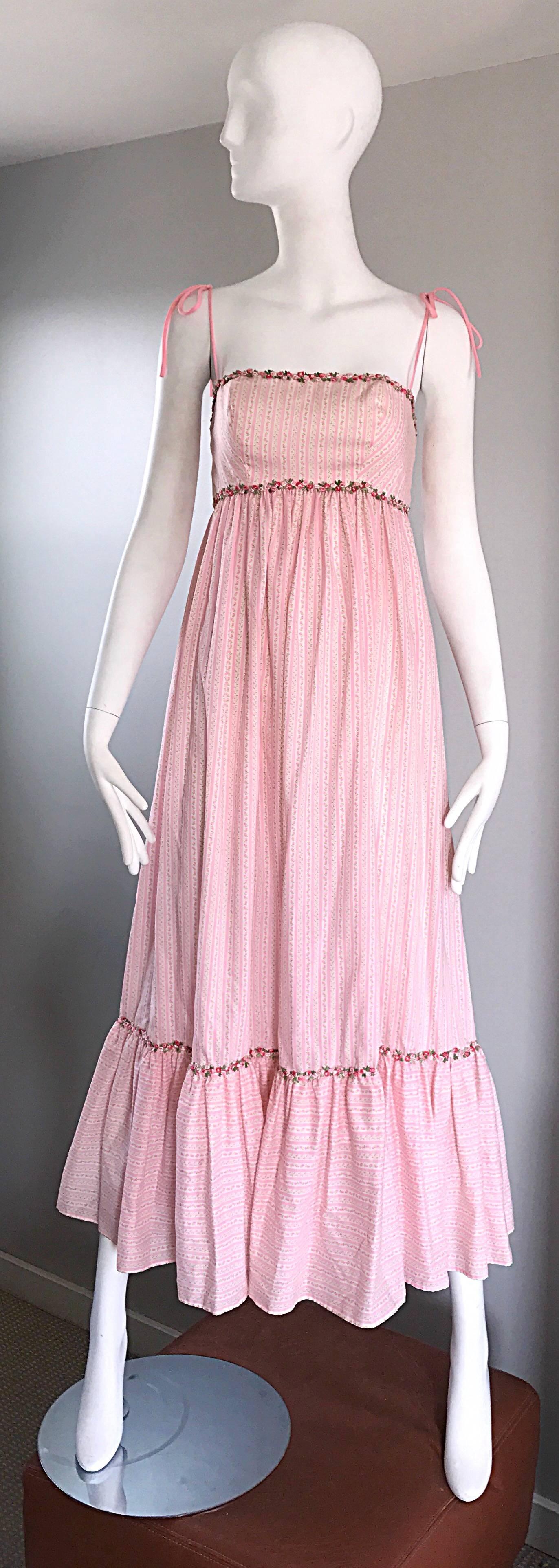 1970s Jay Morley for Fern Viollete Vintage Rose Print Pink + White Maxi Dress  For Sale 2