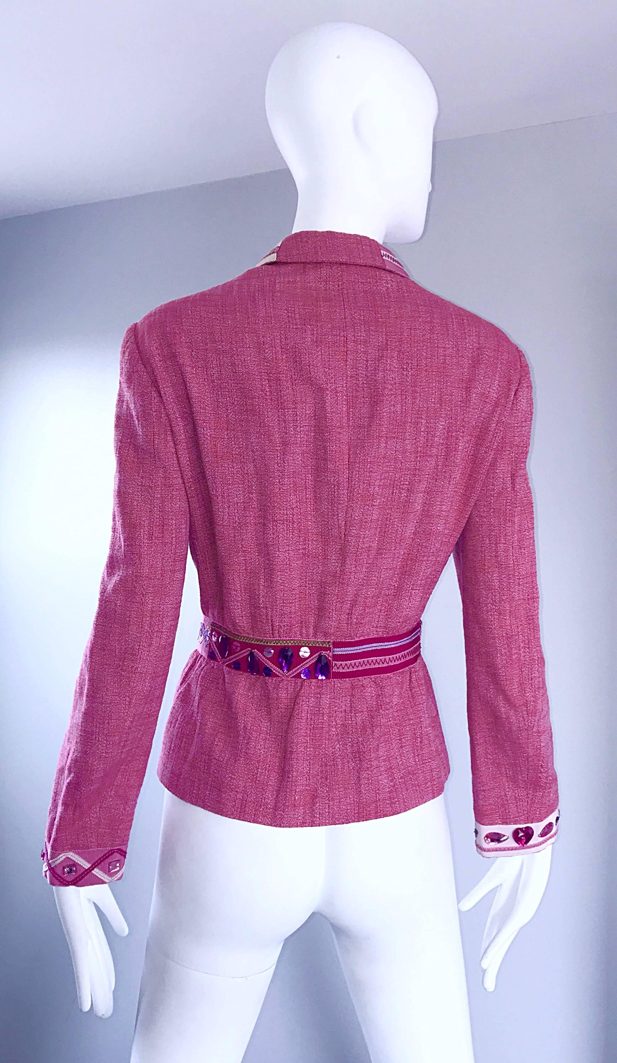 Women's Vintage Moschino Cheap & Chic 1990s Size 12 Pink Beaded Belted Blazer Jacket For Sale