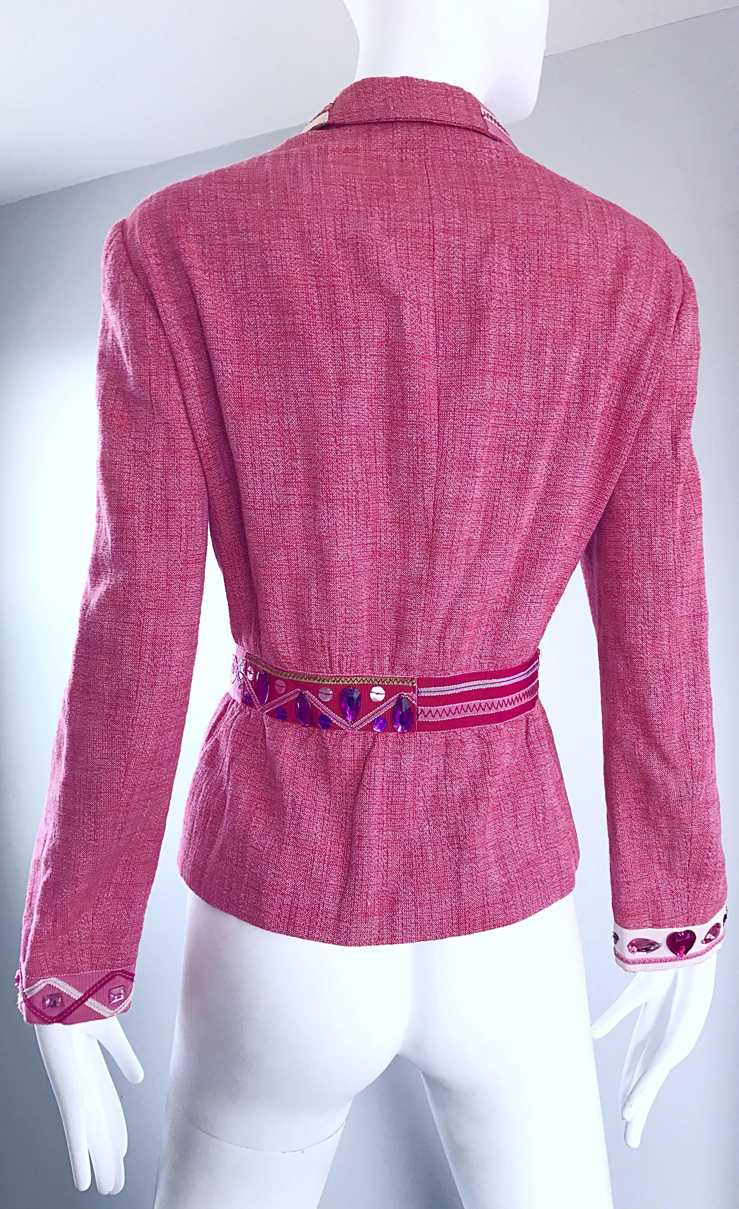 Vintage Moschino Cheap & Chic 1990s Size 12 Pink Beaded Belted Blazer Jacket For Sale 2