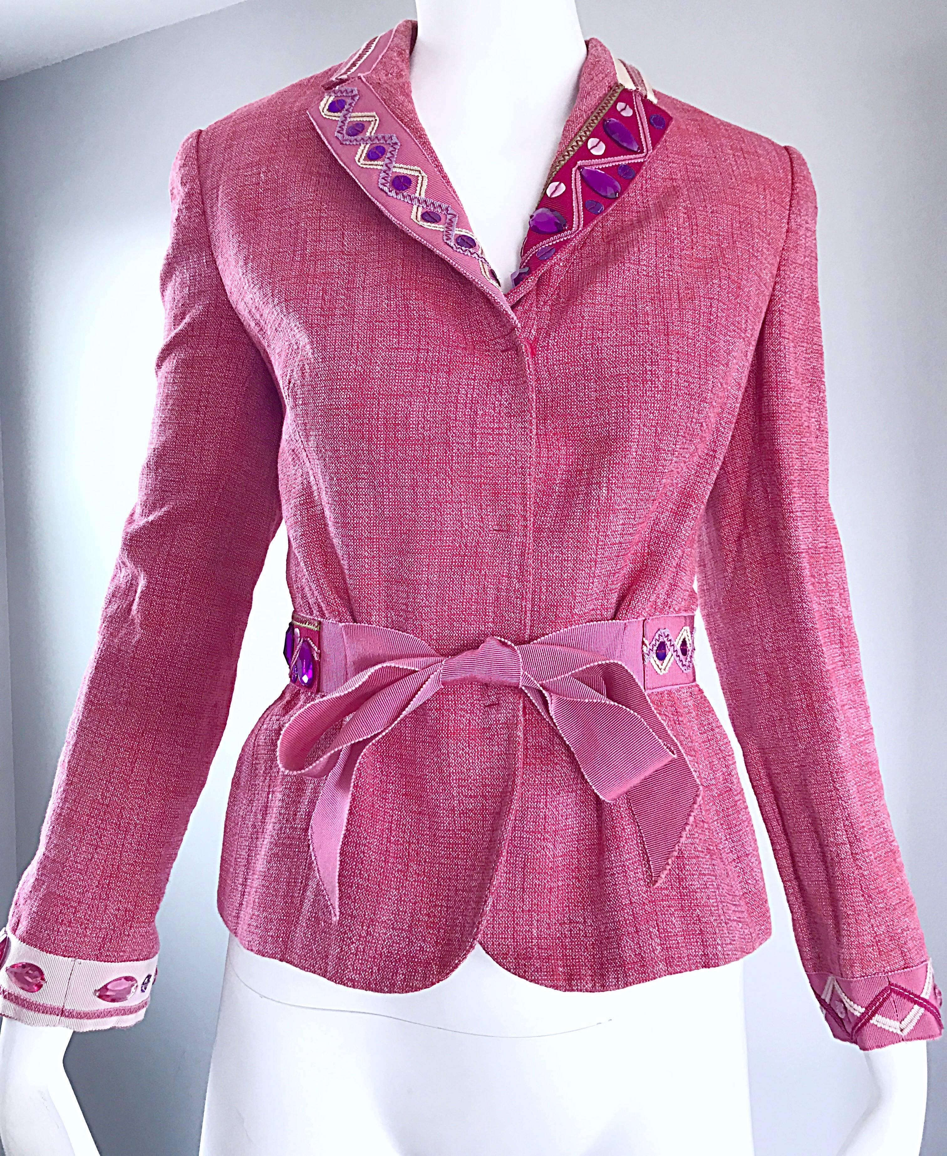 Vintage Moschino Cheap & Chic 1990s Size 12 Pink Beaded Belted Blazer Jacket For Sale 3