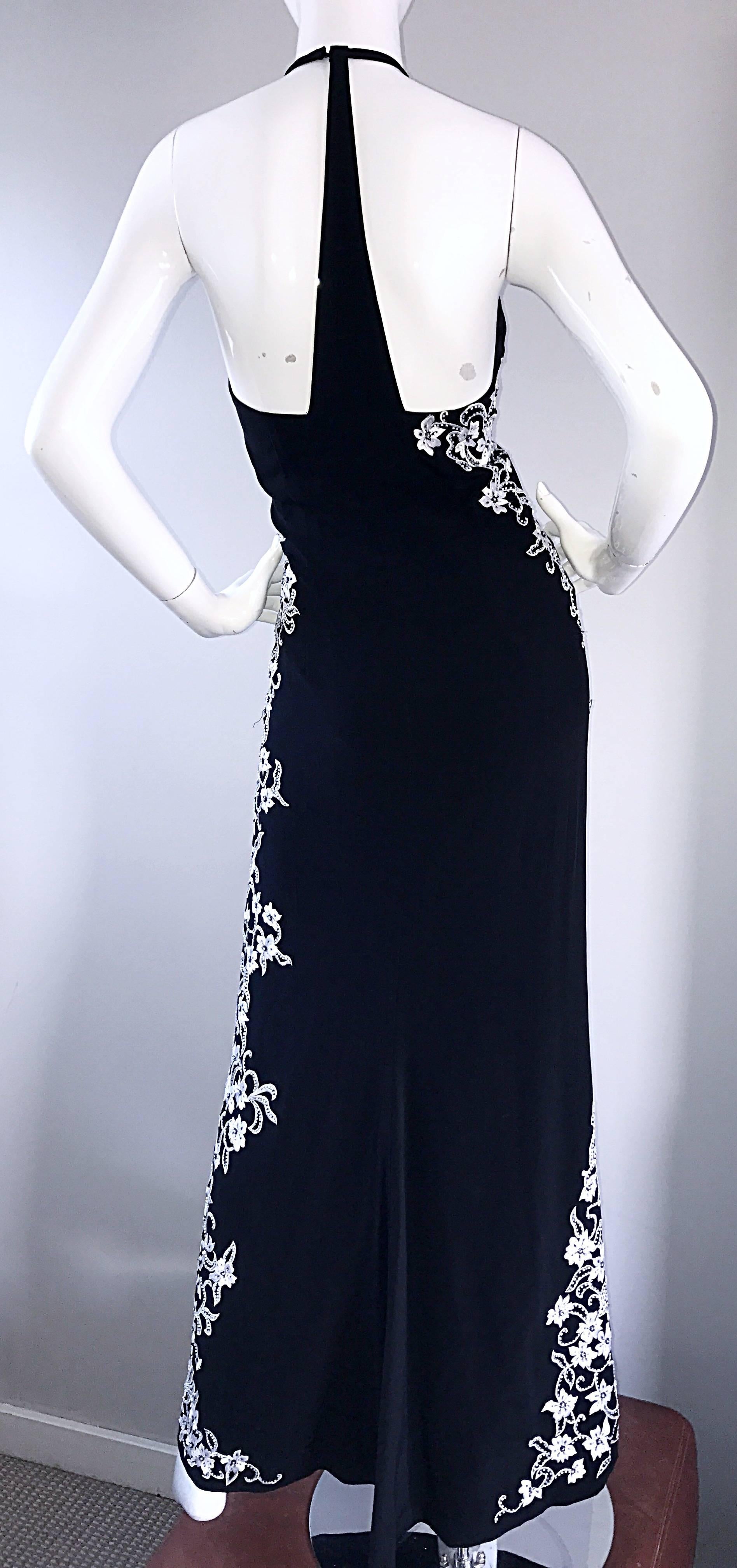 Vintage Bob Mackie Black and White Beaded Flowers Asian Inspired Evening Gown 1