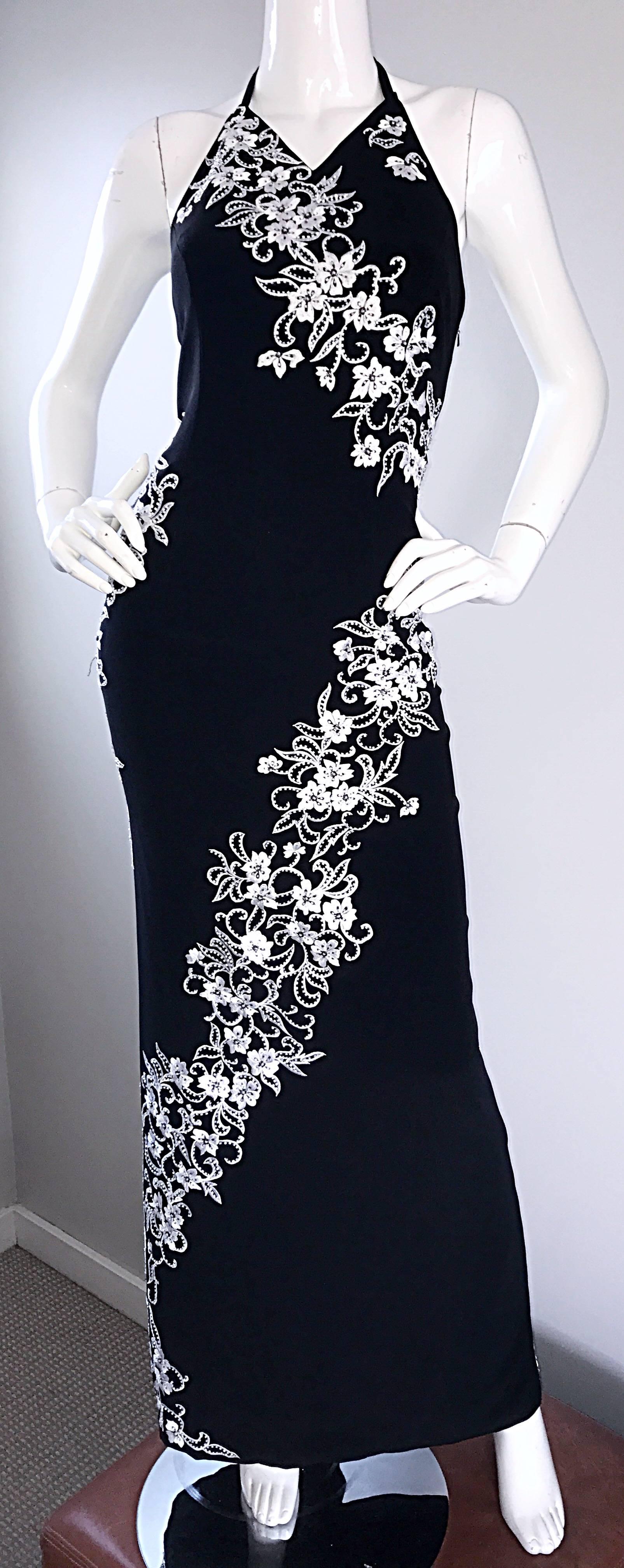 Vintage Bob Mackie Black and White Beaded Flowers Asian Inspired Evening Gown 2