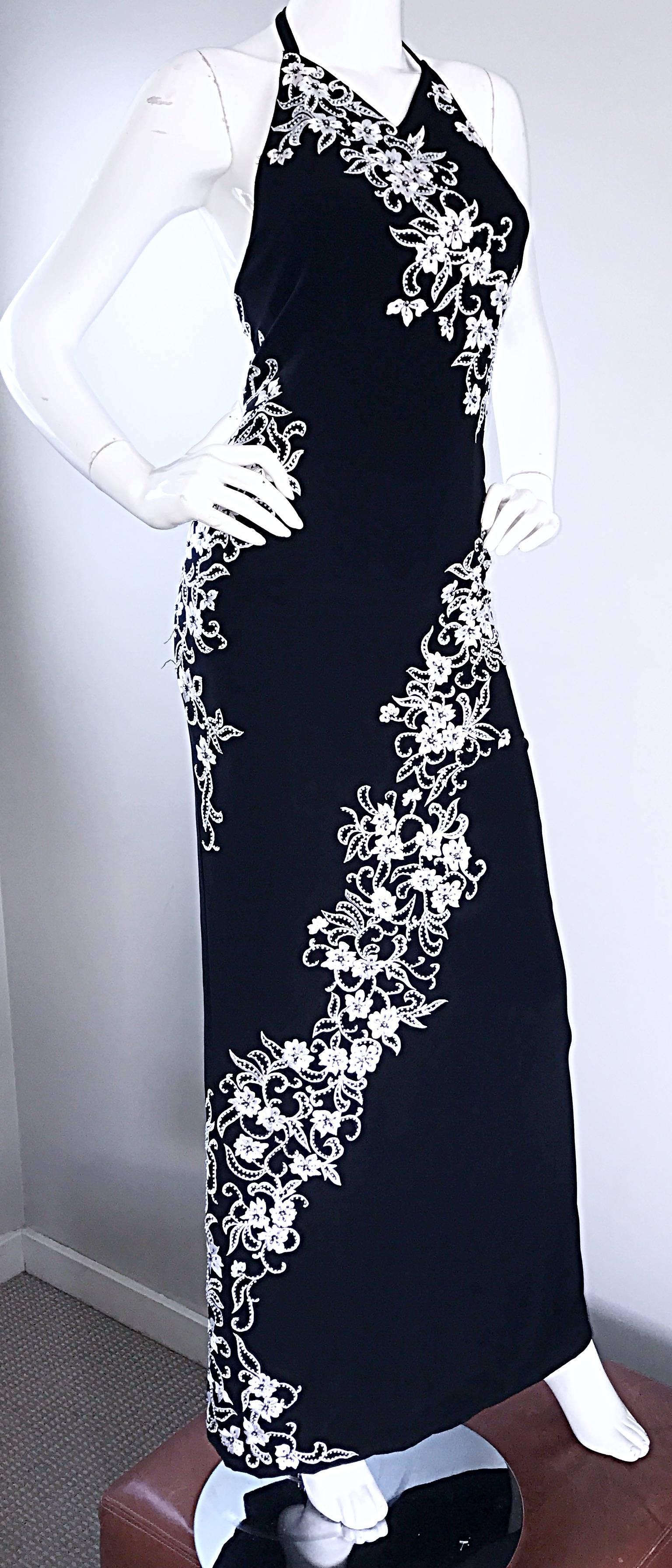 Vintage Bob Mackie Black and White Beaded Flowers Asian Inspired Evening Gown 3