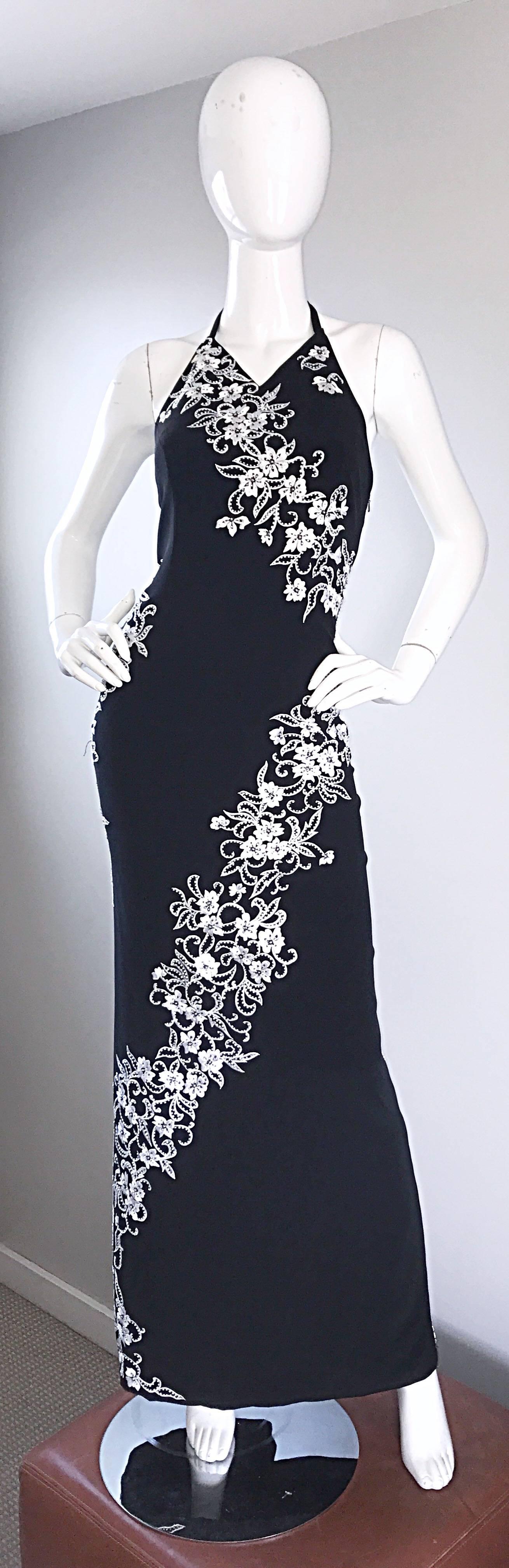 Vintage Bob Mackie Black and White Beaded Flowers Asian Inspired Evening Gown 4