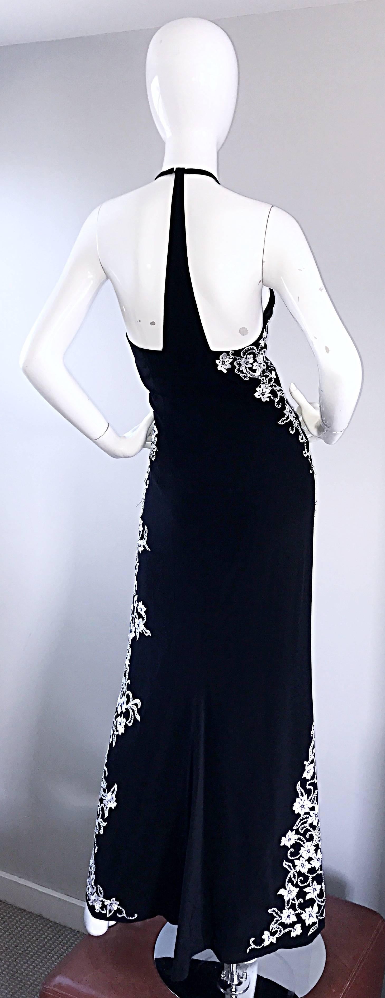 Vintage Bob Mackie Black and White Beaded Flowers Asian Inspired Evening Gown 5