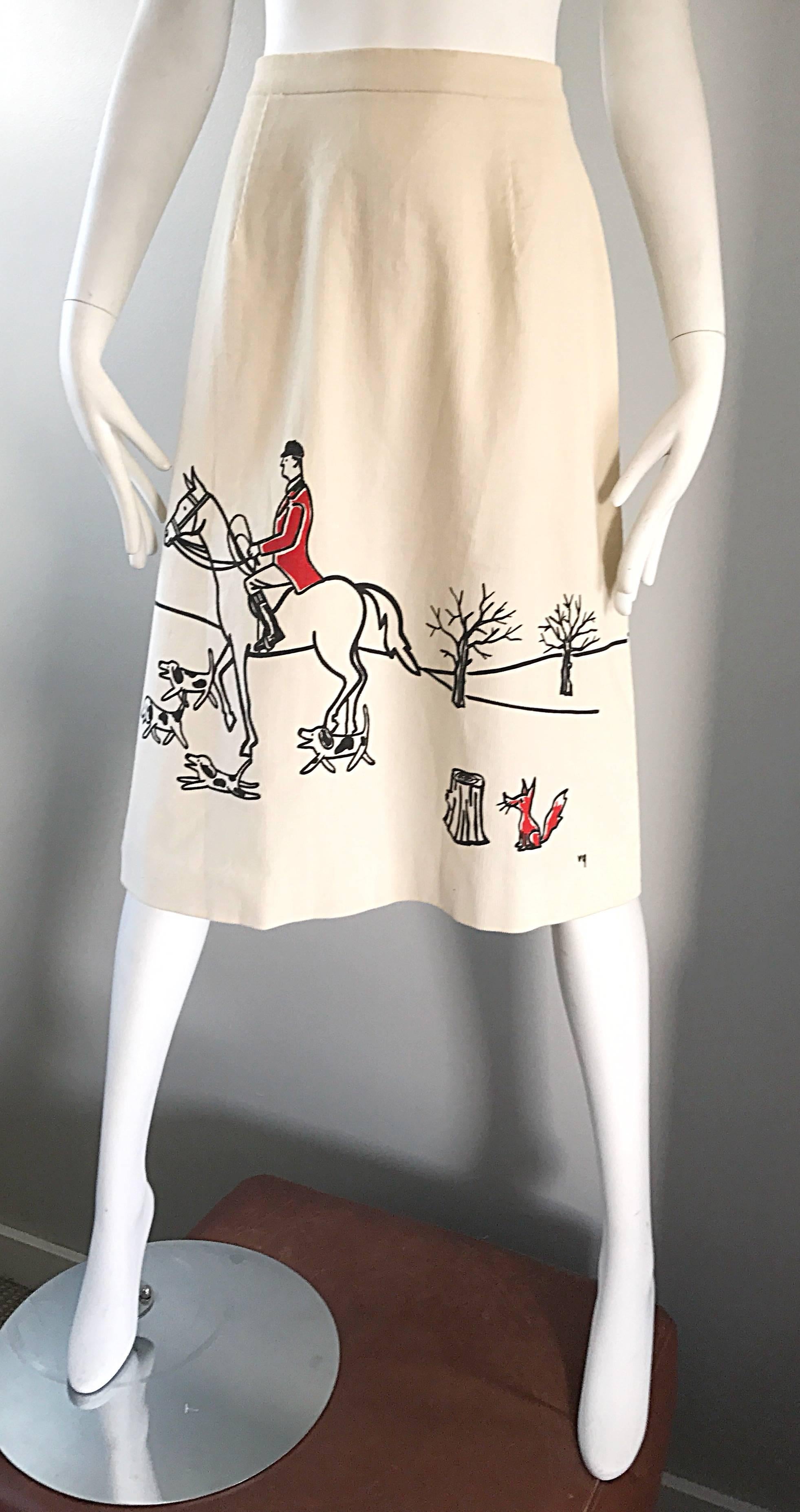 Beige Rare 1970s Vested Gentress Equestrian Fox Hunter Novelty Vintage A - Line Skirt 