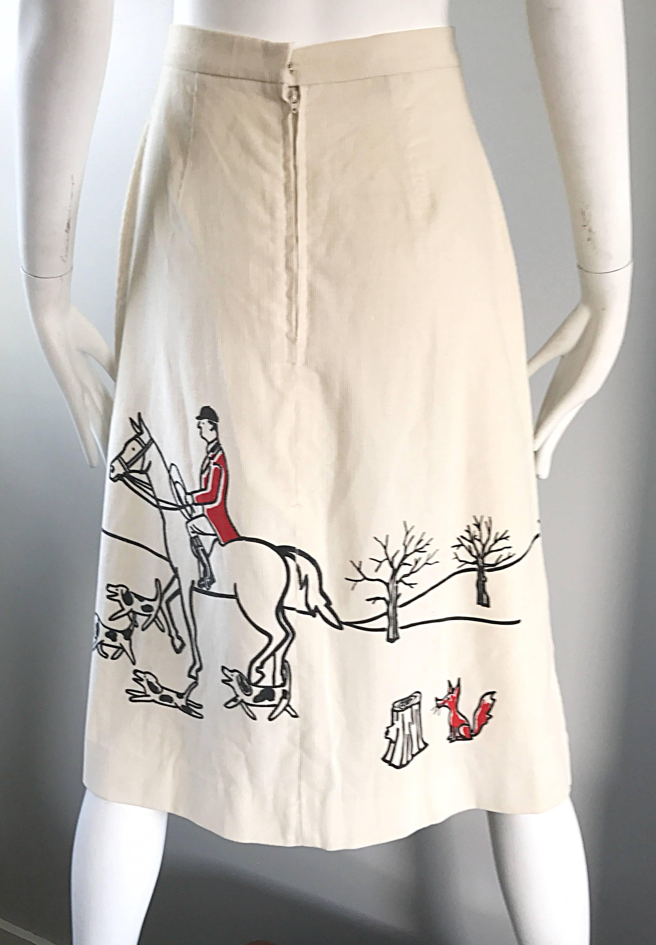 Rare 1970s Vested Gentress Equestrian Fox Hunter Novelty Vintage A - Line Skirt  In Excellent Condition In San Diego, CA