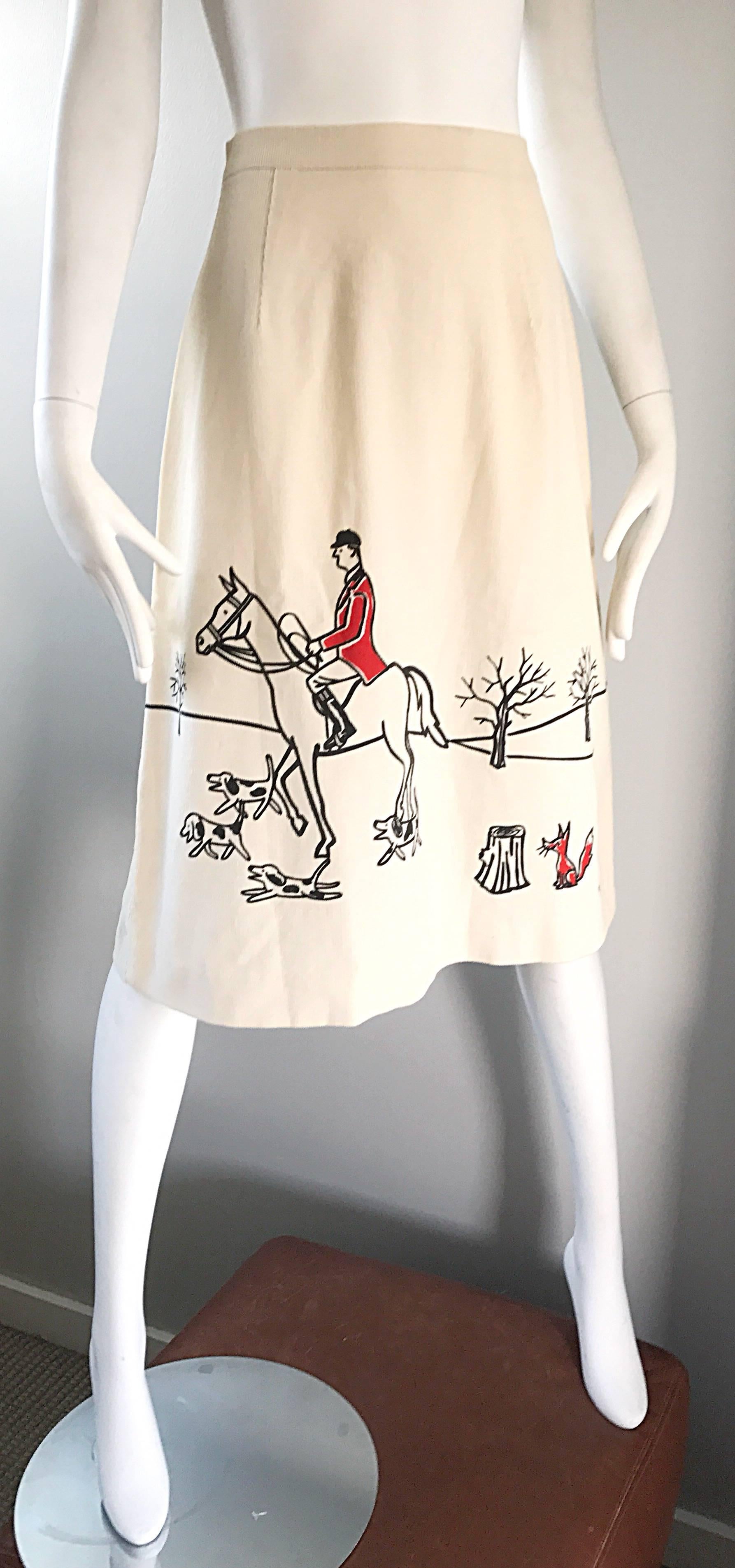 Women's Rare 1970s Vested Gentress Equestrian Fox Hunter Novelty Vintage A - Line Skirt 