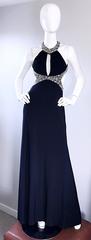 1990s Sexy Custom Made Black Jersey Crystal Beaded Cut Out Vintage Evening Gown