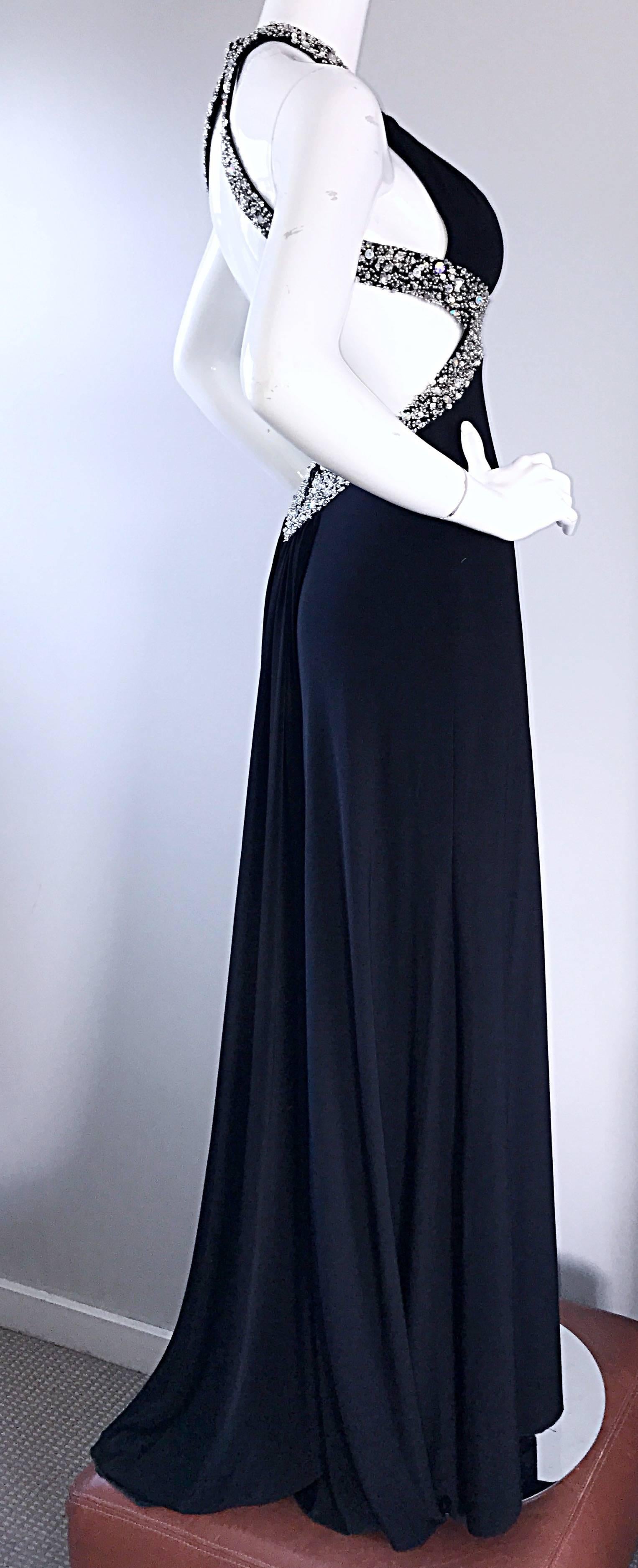 Women's 1990s Sexy Custom Made Black Jersey Crystal Beaded Cut Out Vintage Evening Gown For Sale