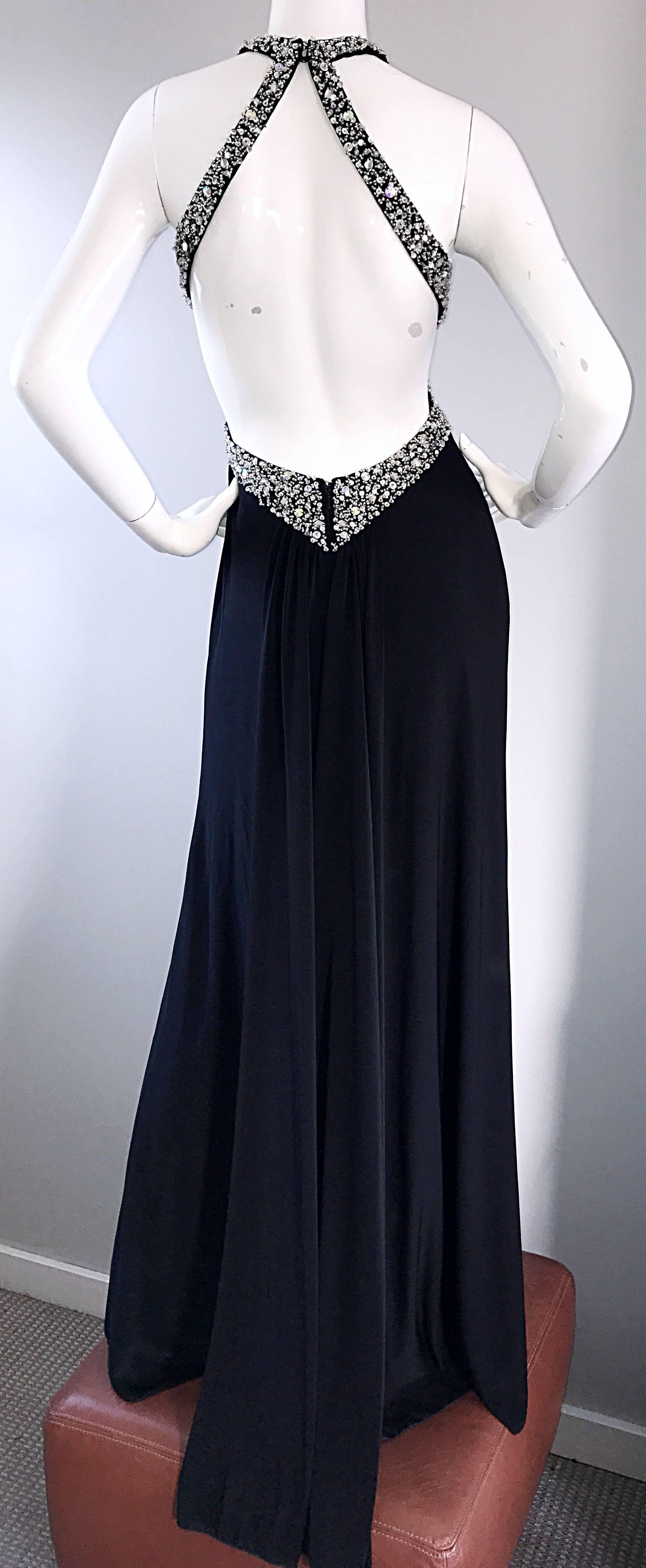 1990s Sexy Custom Made Black Jersey Crystal Beaded Cut Out Vintage Evening Gown For Sale 1