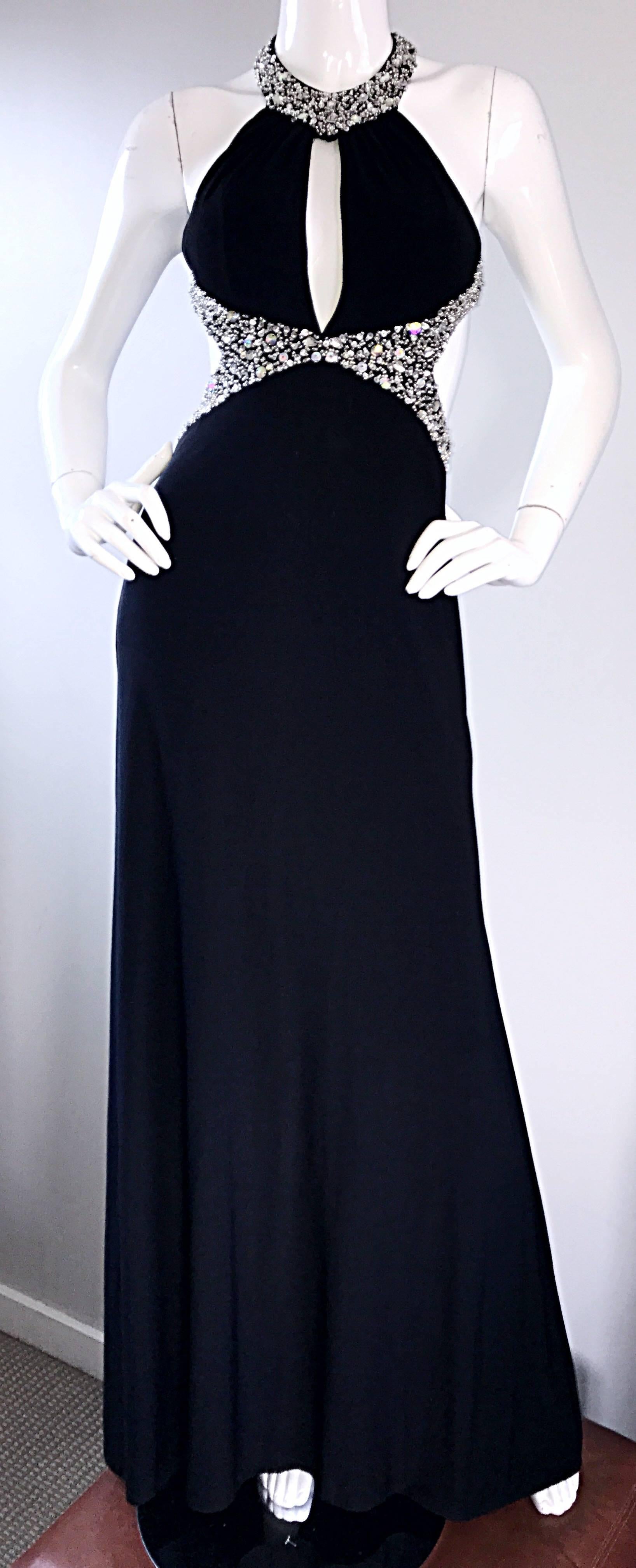 1990s Sexy Custom Made Black Jersey Crystal Beaded Cut Out Vintage Evening Gown For Sale 2
