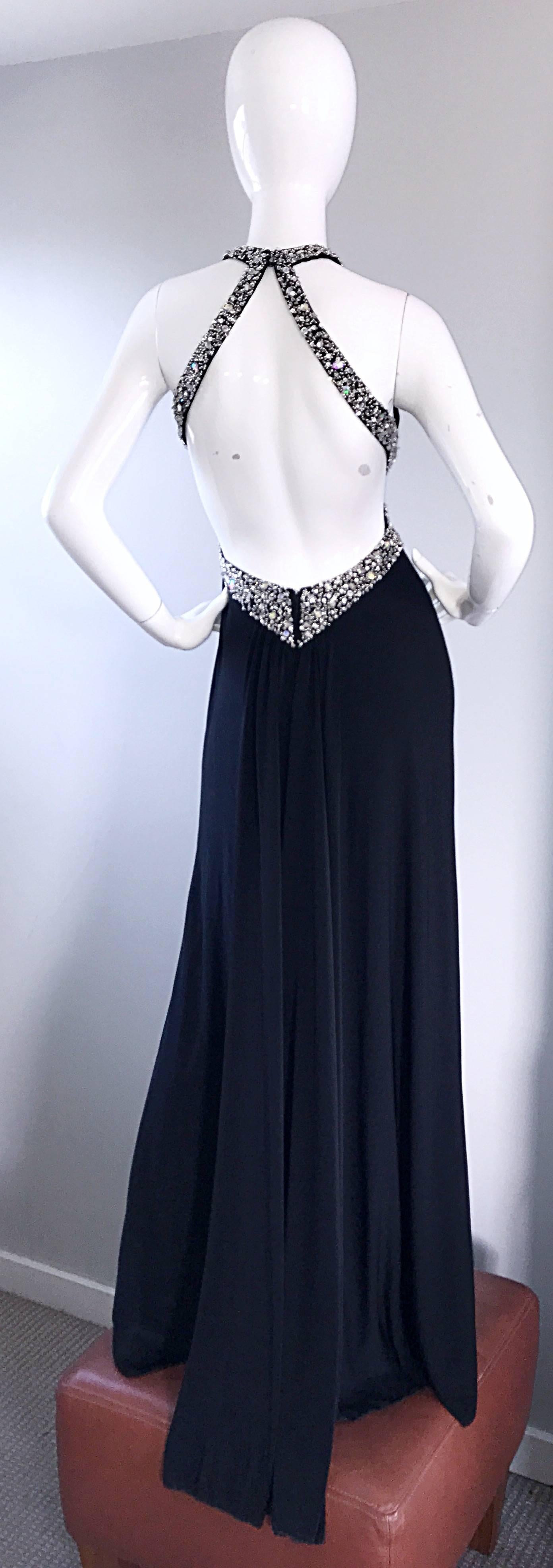 1990s Sexy Custom Made Black Jersey Crystal Beaded Cut Out Vintage Evening Gown For Sale 3